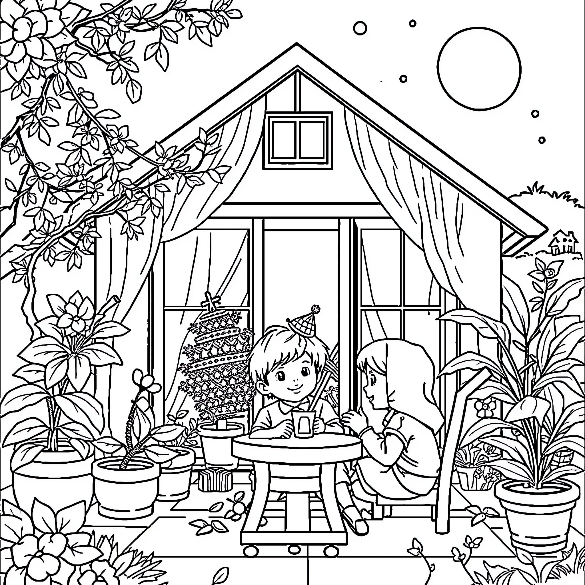 House with children enjoying a picnic outside Coloring Page (free black-and-white line drawing printable PDF for all, from beginners to advanced learners, including children, teens, adults, and seniors)