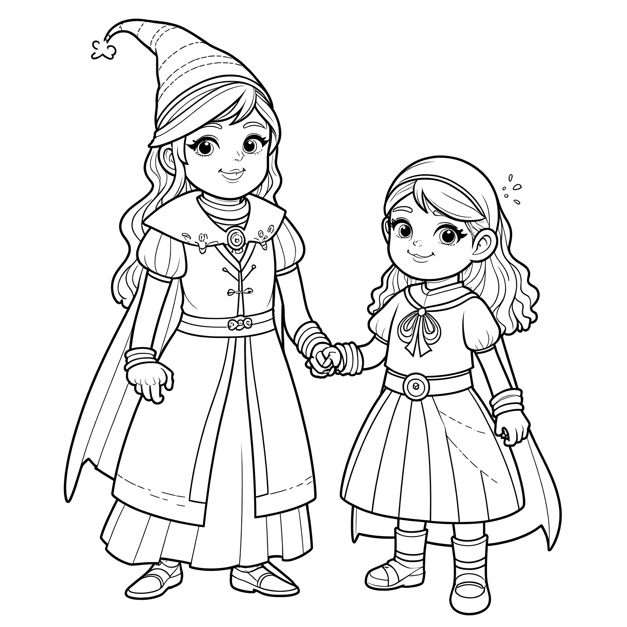 Descendant Elves in Fantastical Attire Coloring Page (free black-and-white line drawing printable PDF for all, from beginners to advanced learners, including children, teens, adults, and seniors)