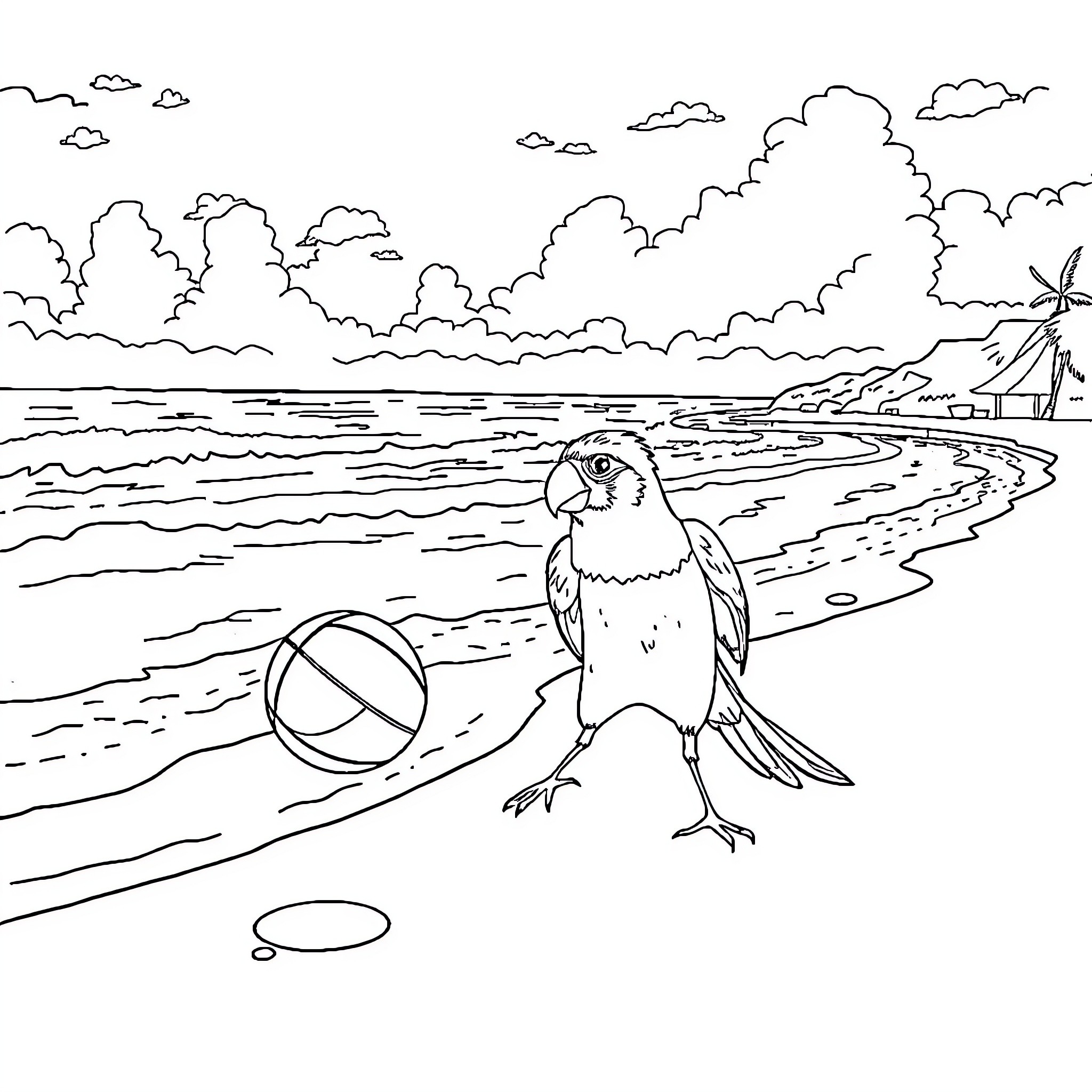 Bird playing with beach ball on seaside Coloring Page (free black-and-white line drawing printable PDF for all, from beginners to advanced learners, including children, teens, adults, and seniors)