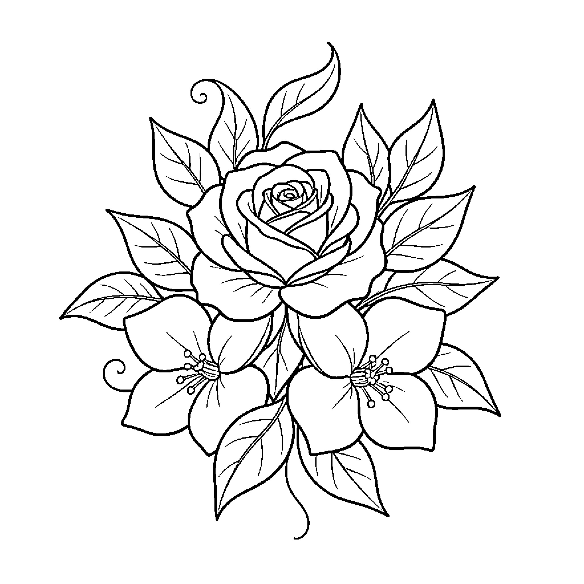Flower bouquet with rose and blossoms Coloring Page (free black-and-white line drawing printable PDF for all, from beginners to advanced learners, including children, teens, adults, and seniors)