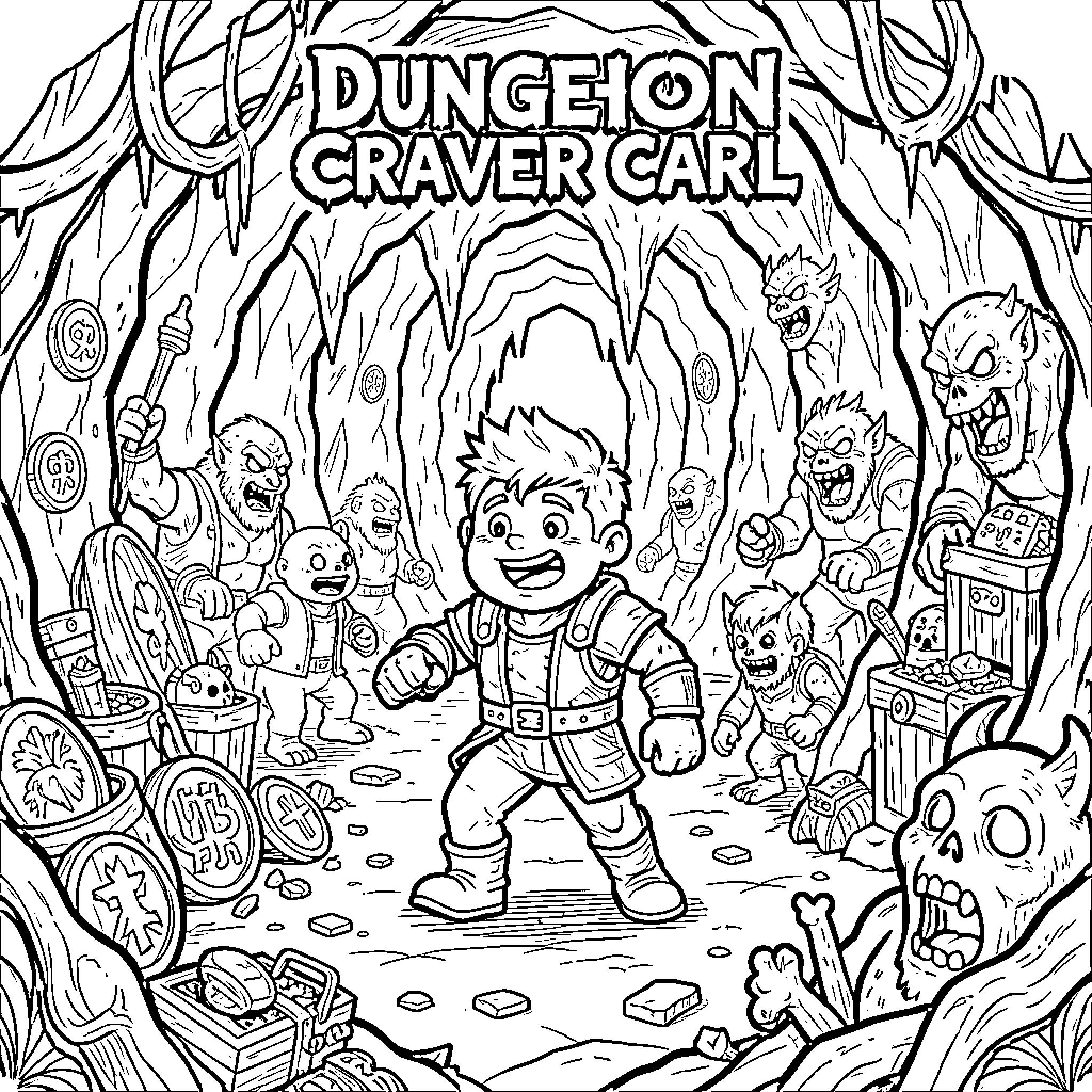 Dungeon Crawler facing monsters in a cavernous cave Coloring Page (free black-and-white line drawing printable PDF for all, from beginners to advanced learners, including children, teens, adults, and seniors)
