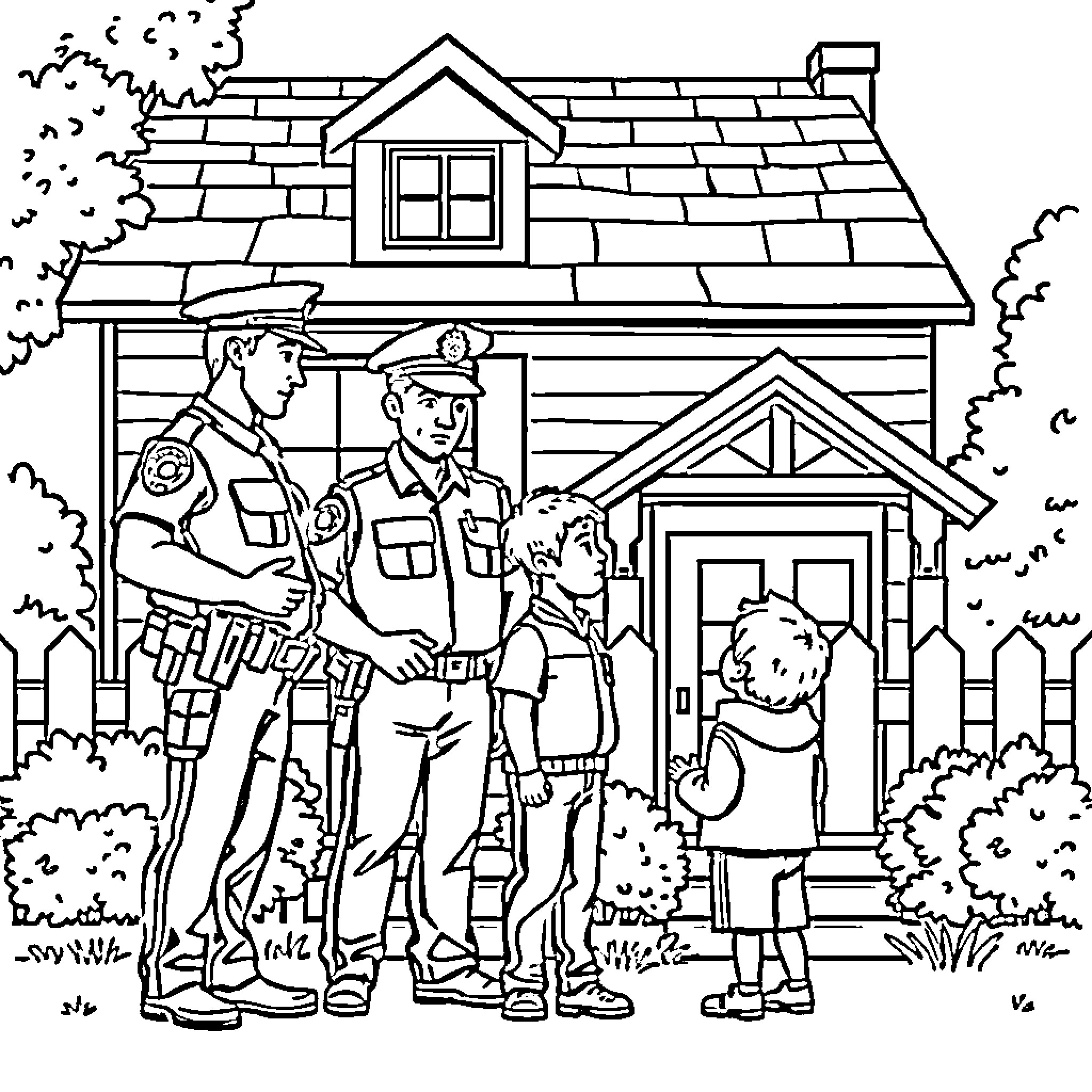 Police Assisting a Citizen Outside a House Coloring Page (free black-and-white line drawing printable PDF for all, from beginners to advanced learners, including children, teens, adults, and seniors)