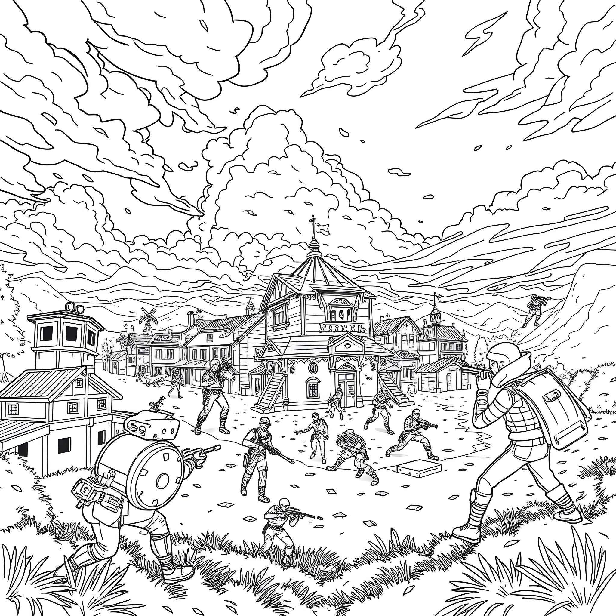 Fortnite players in an epic battle scene Coloring Page (free black-and-white line drawing printable PDF for all, from beginners to advanced learners, including children, teens, adults, and seniors)
