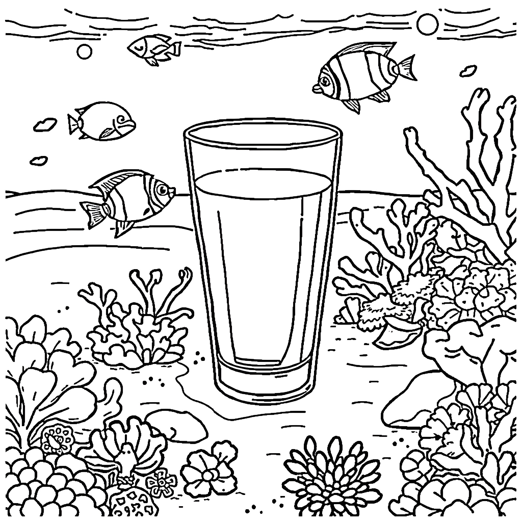 Glass of clear water amid marine life and foliage Coloring Page (free black-and-white line drawing printable PDF for all, from beginners to advanced learners, including children, teens, adults, and seniors)