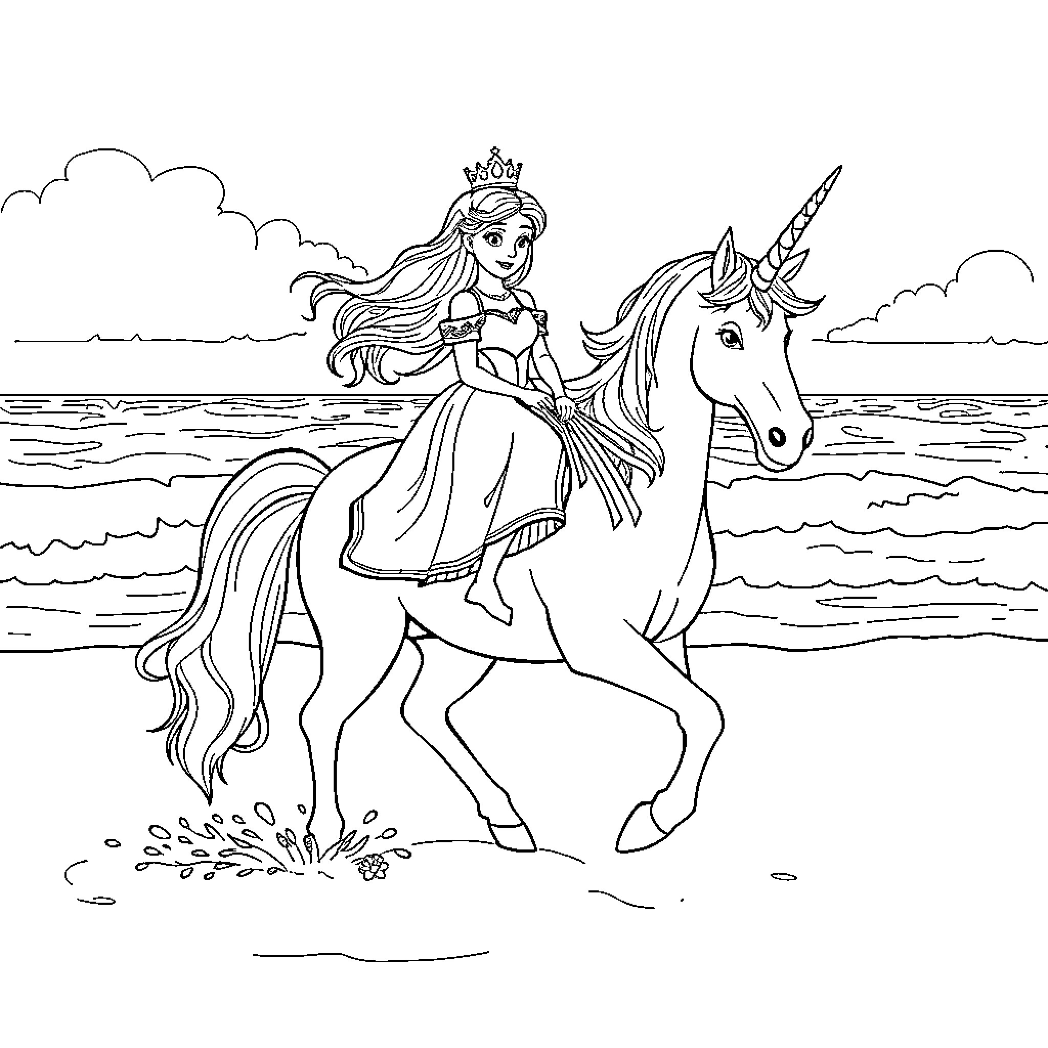 Princess Riding Unicorn by the Sea Coloring Page (free black-and-white line drawing printable PDF for all, from beginners to advanced learners, including children, teens, adults, and seniors)