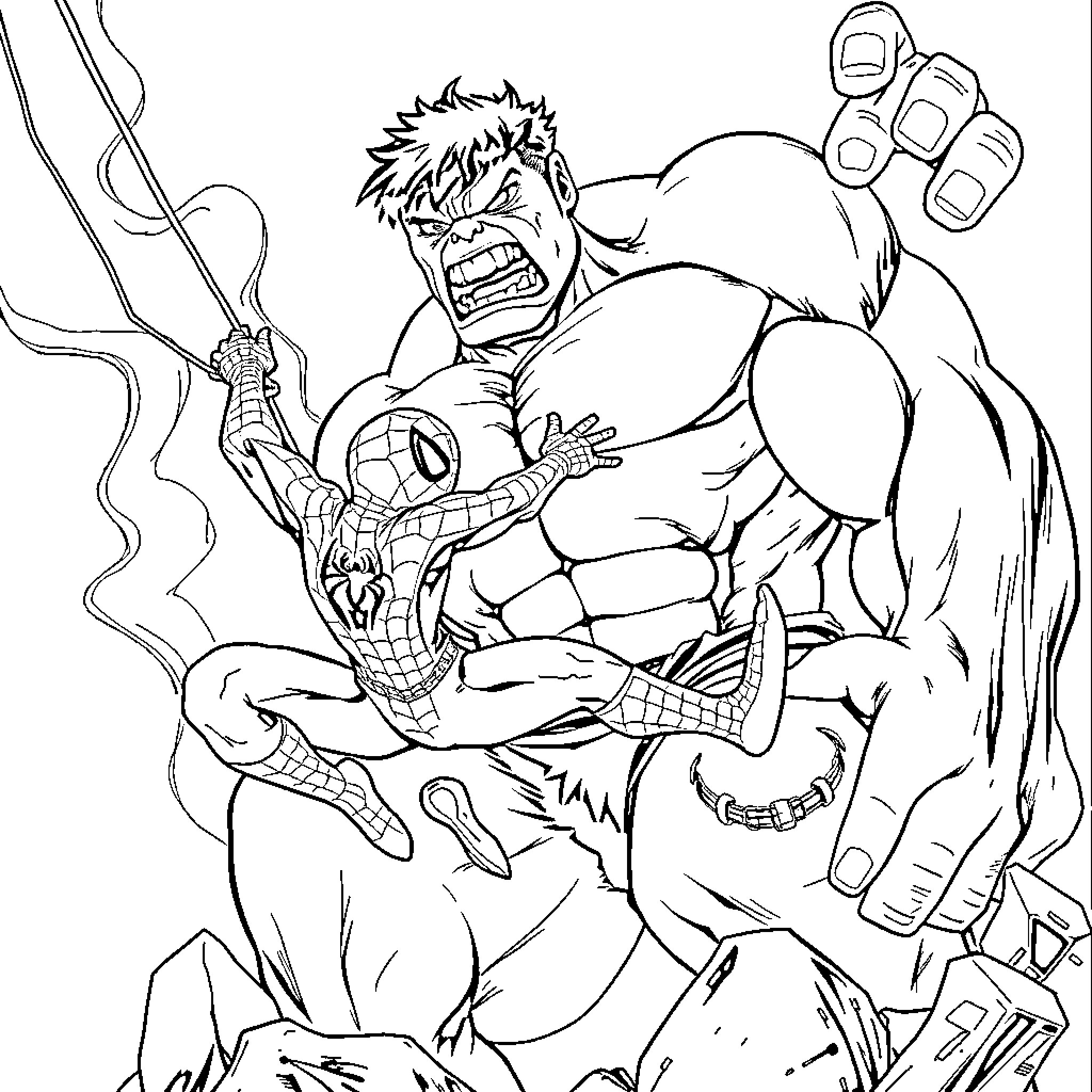 Spiderman Battles Powerful Hulk Villain Coloring Page (free black-and-white line drawing printable PDF for all, from beginners to advanced learners, including children, teens, adults, and seniors)