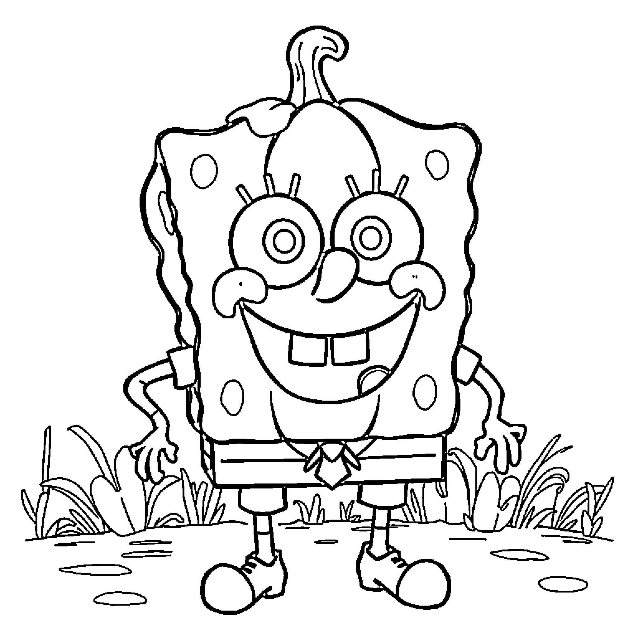 Spongebob's cheerful expression in the outdoors Coloring Page (free black-and-white line drawing printable PDF for all, from beginners to advanced learners, including children, teens, adults, and seniors)