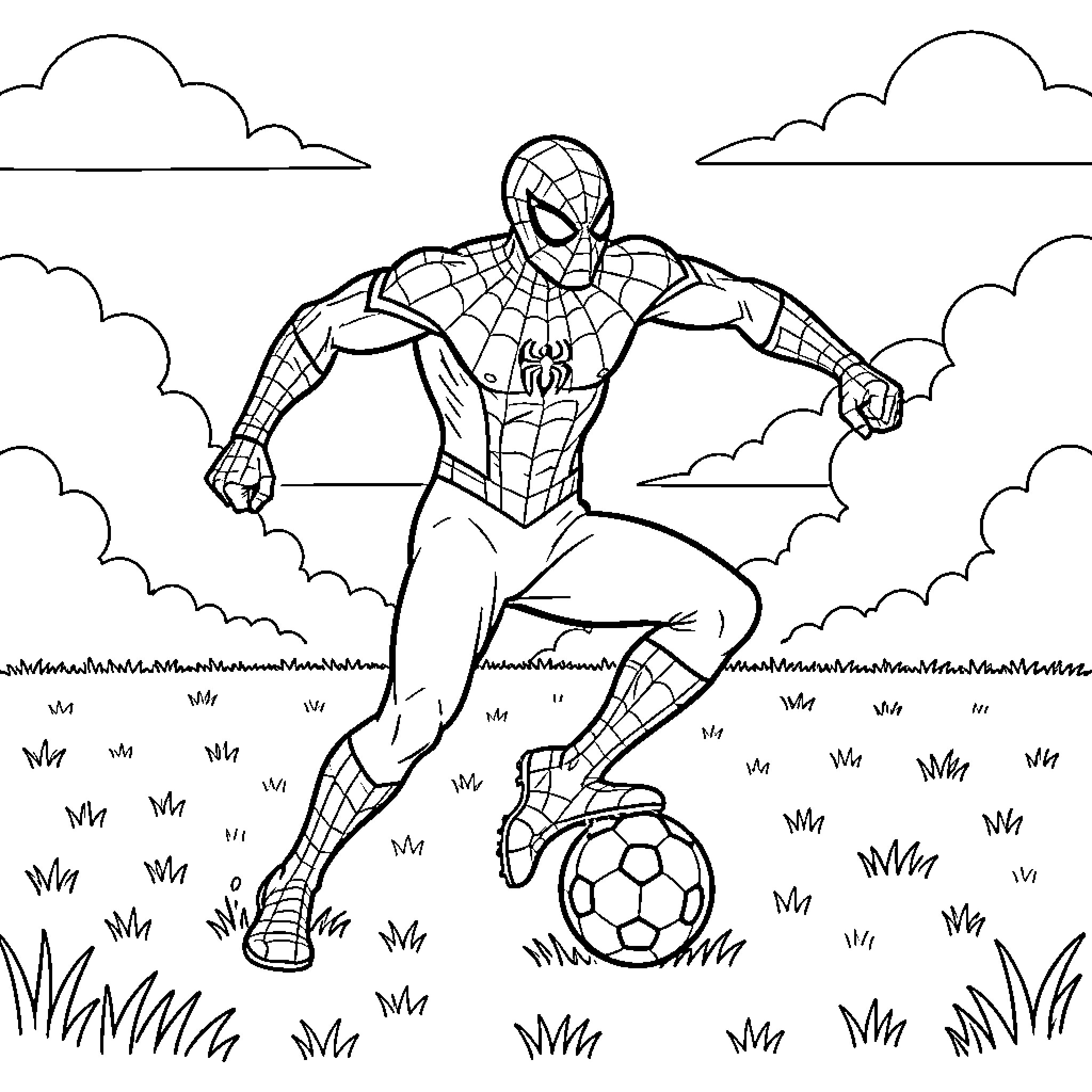 Spiderman playing soccer in a grassy field Coloring Page (free black-and-white line drawing printable PDF for all, from beginners to advanced learners, including children, teens, adults, and seniors)