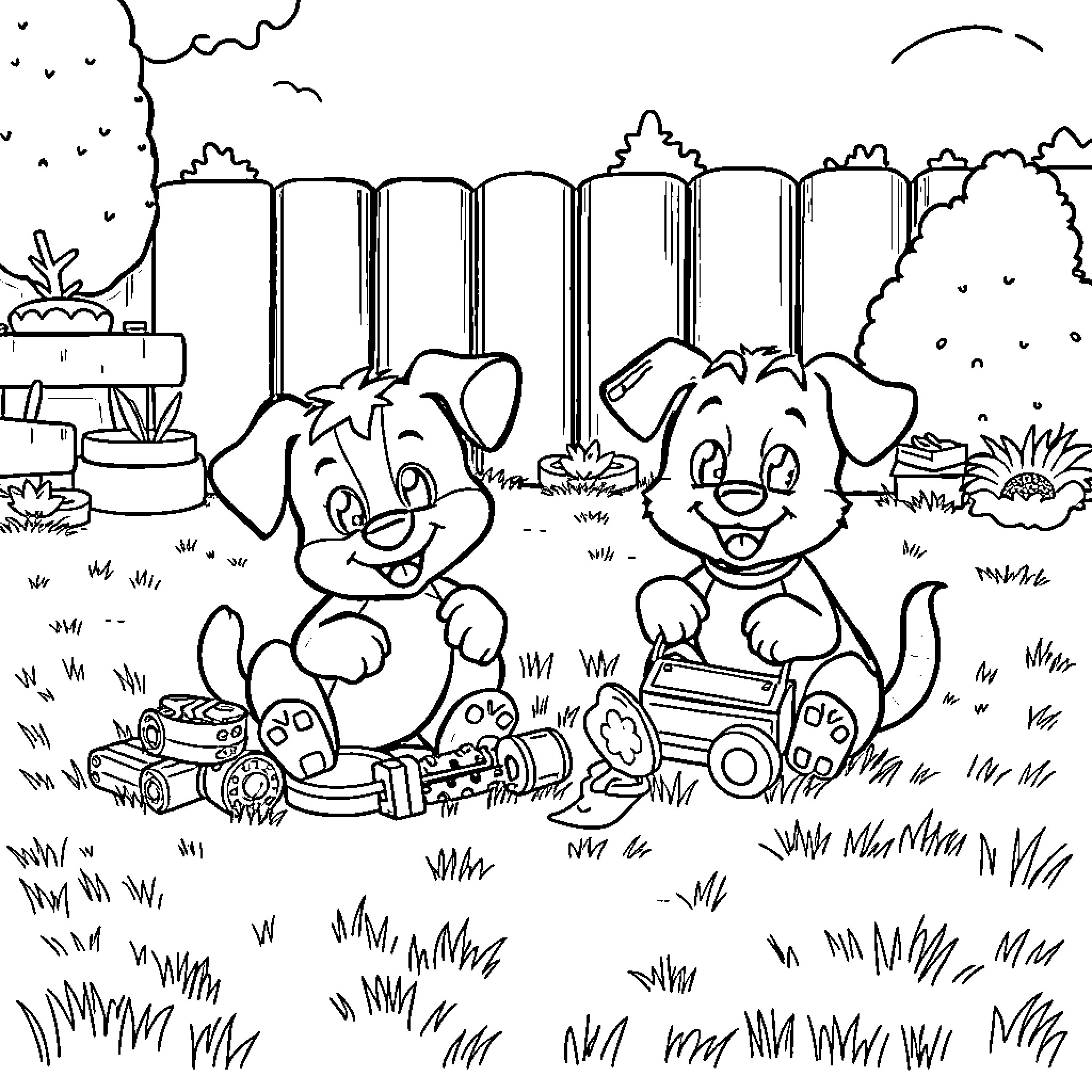 Bluey and Friends Explore Outdoor Playground Coloring Page (free black-and-white line drawing printable PDF for all, from beginners to advanced learners, including children, teens, adults, and seniors)