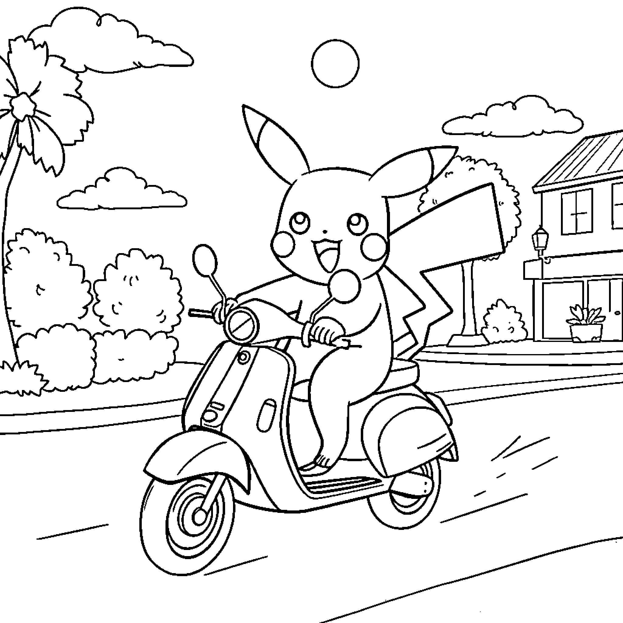 Pikachu riding a scooter in a neighborhood Coloring Page (free black-and-white line drawing printable PDF for all, from beginners to advanced learners, including children, teens, adults, and seniors)