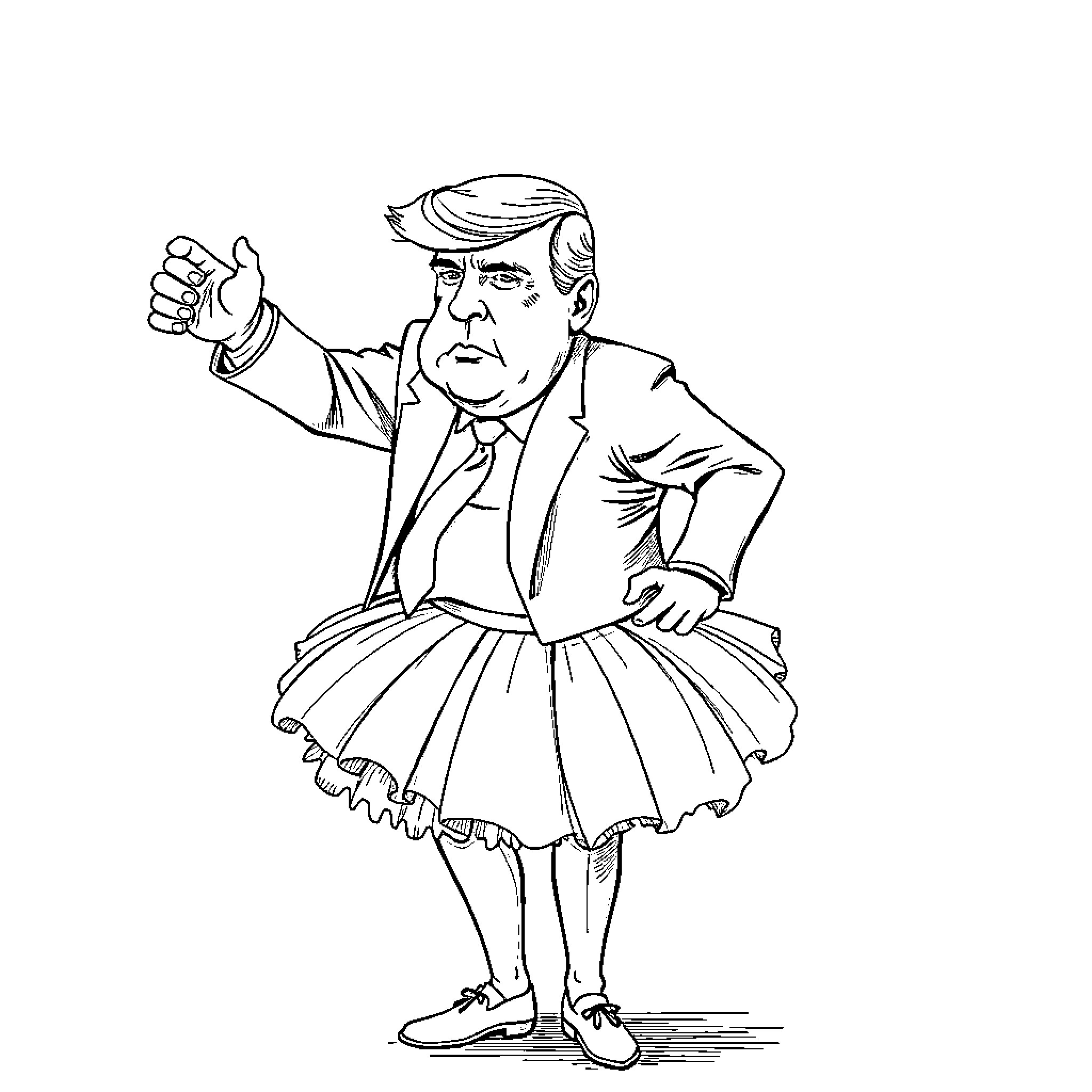 Trump's Humorous Ballerina Outfit in Protest Coloring Page (free black-and-white line drawing printable PDF for all, from beginners to advanced learners, including children, teens, adults, and seniors)