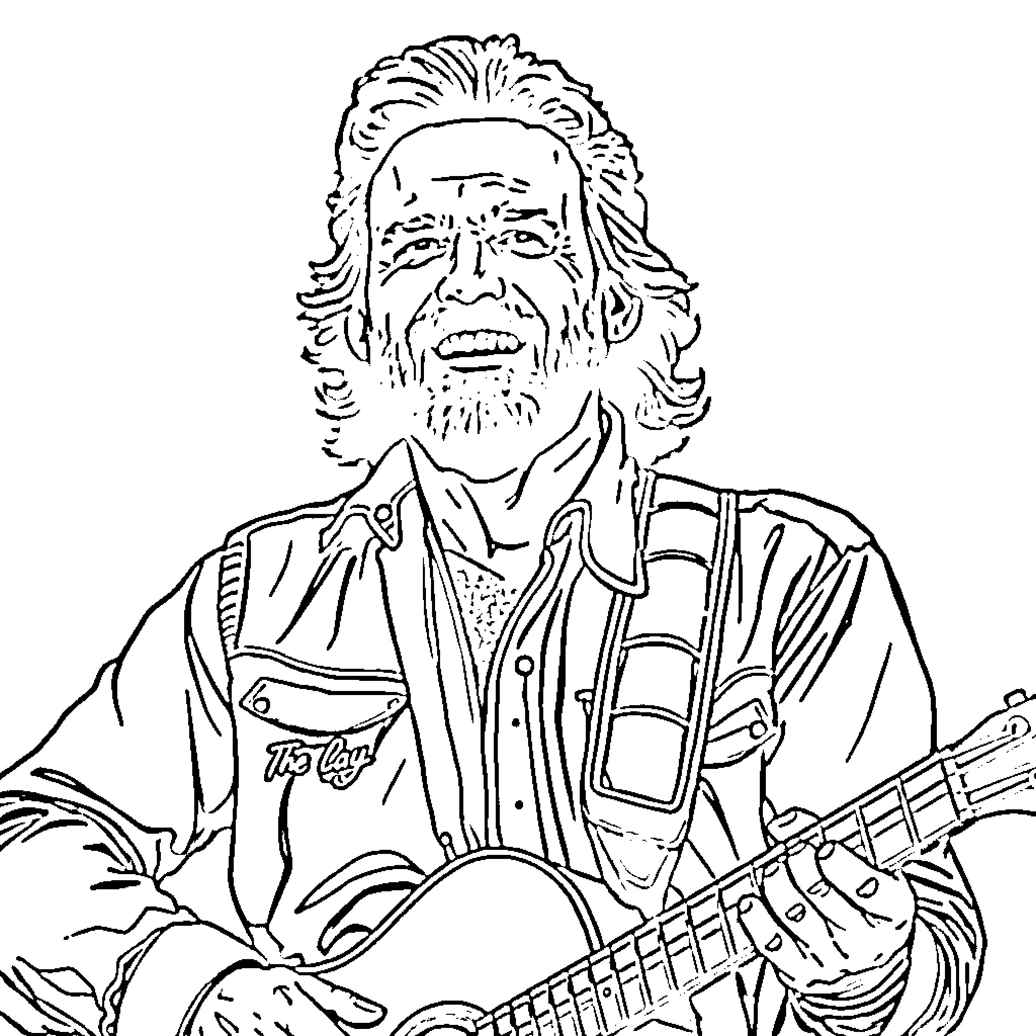 Johnny Paycheck performing on stage with guitar Coloring Page (free black-and-white line drawing printable PDF for all, from beginners to advanced learners, including children, teens, adults, and seniors)