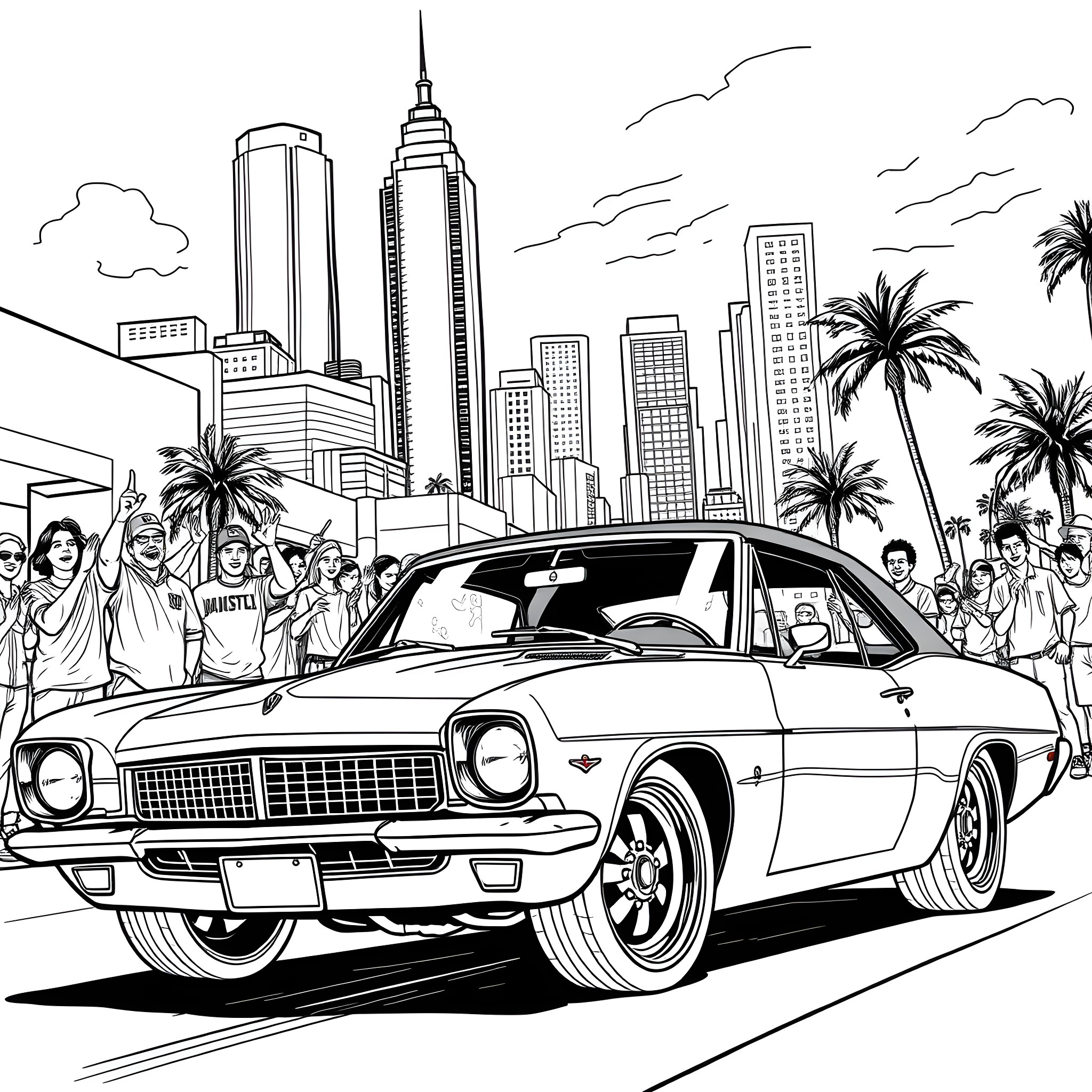 John Cena in a classic muscle car on a city street Coloring Page (free black-and-white line drawing printable PDF for all, from beginners to advanced learners, including children, teens, adults, and seniors)