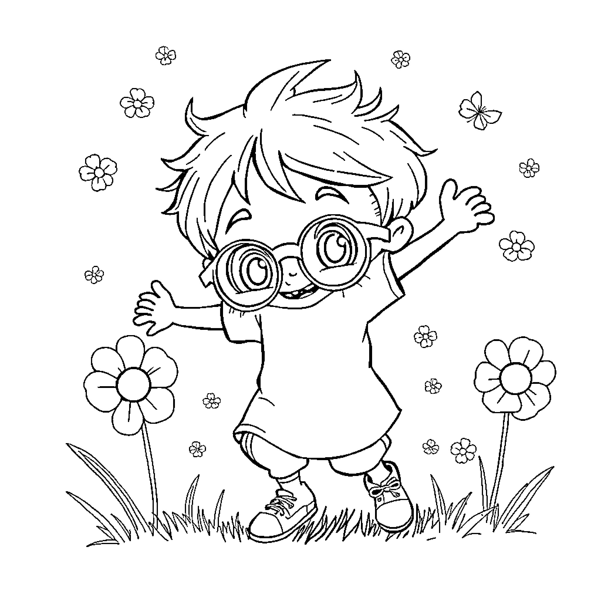 Child exploring nature with excitement Coloring Page (free black-and-white line drawing printable PDF for all, from beginners to advanced learners, including children, teens, adults, and seniors)