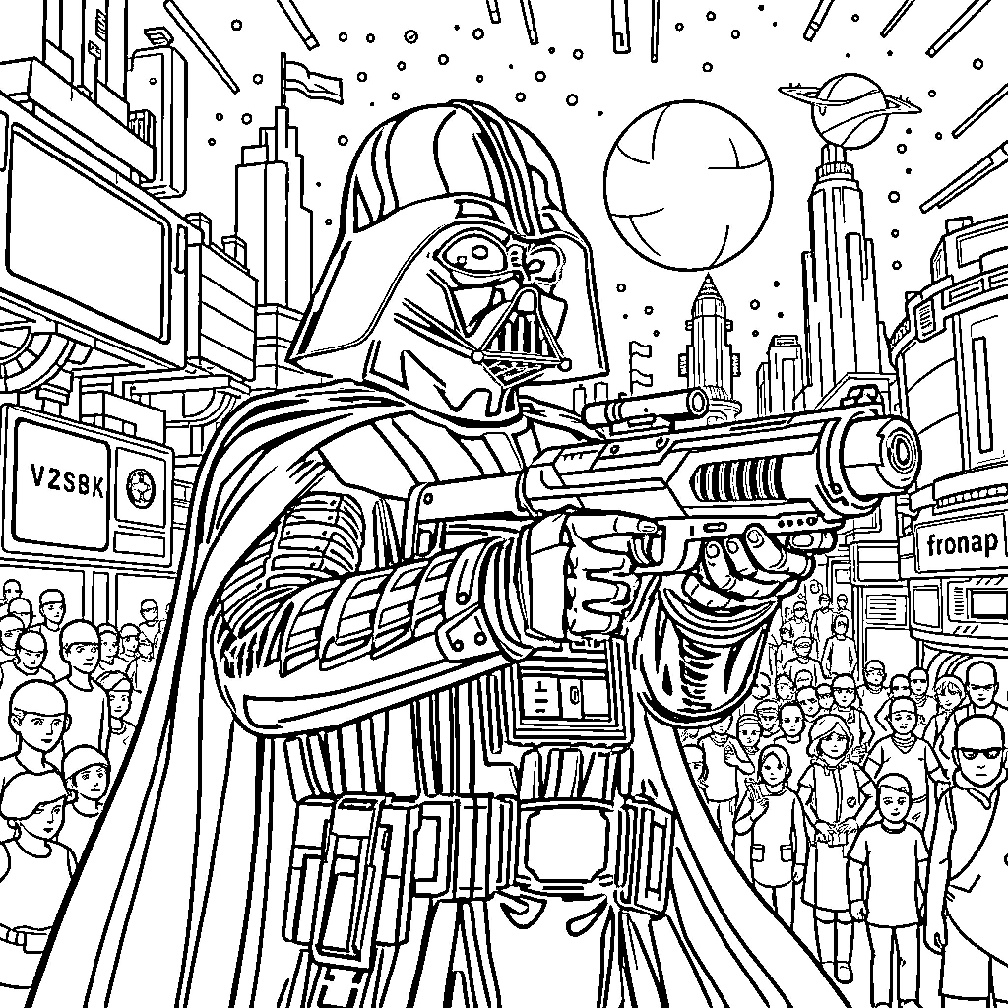 Darth Vader standing amidst a futuristic cityscape Coloring Page (free black-and-white line drawing printable PDF for all, from beginners to advanced learners, including children, teens, adults, and seniors)