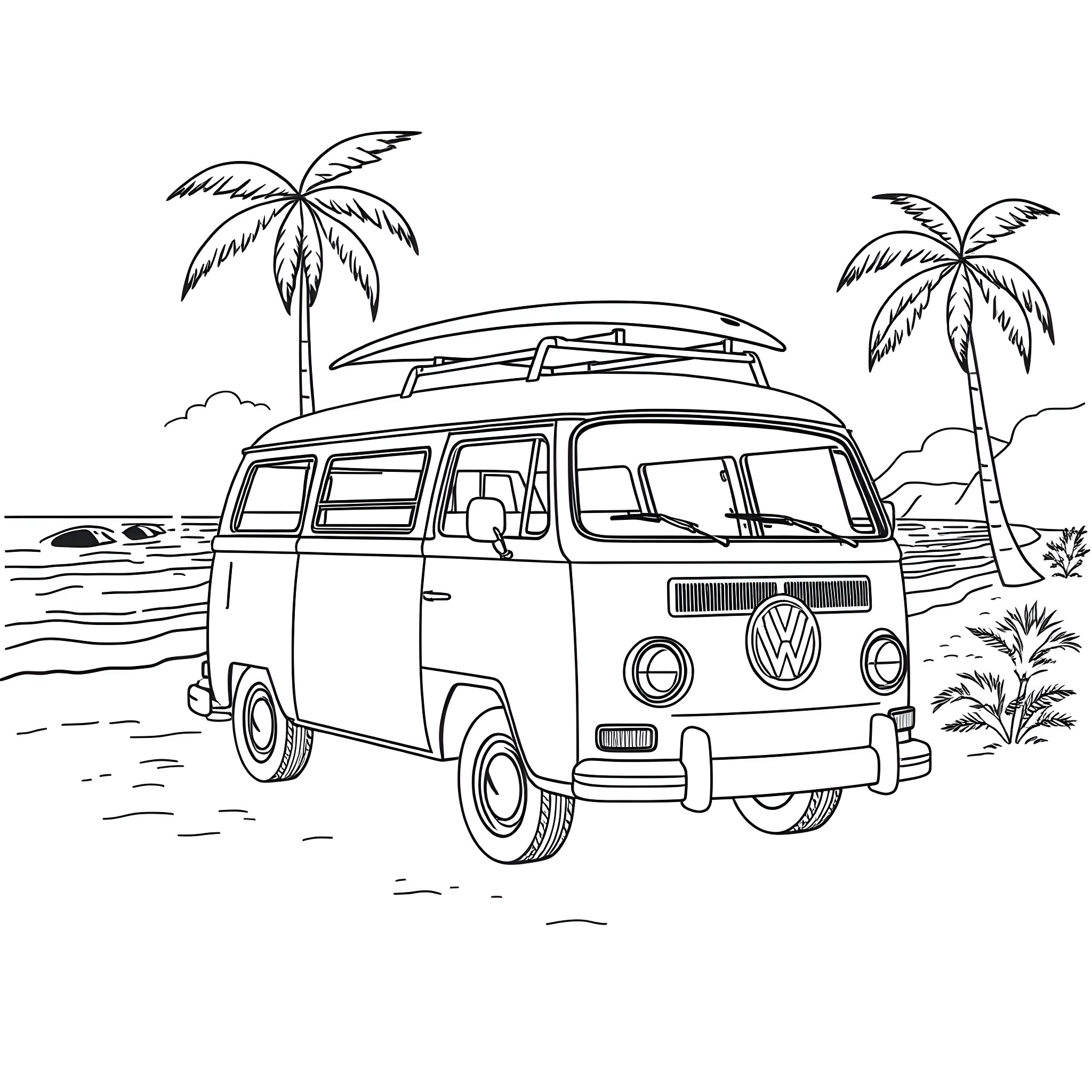 VW Van on a tropical beach adventure Coloring Page (free black-and-white line drawing printable PDF for all, from beginners to advanced learners, including children, teens, adults, and seniors)