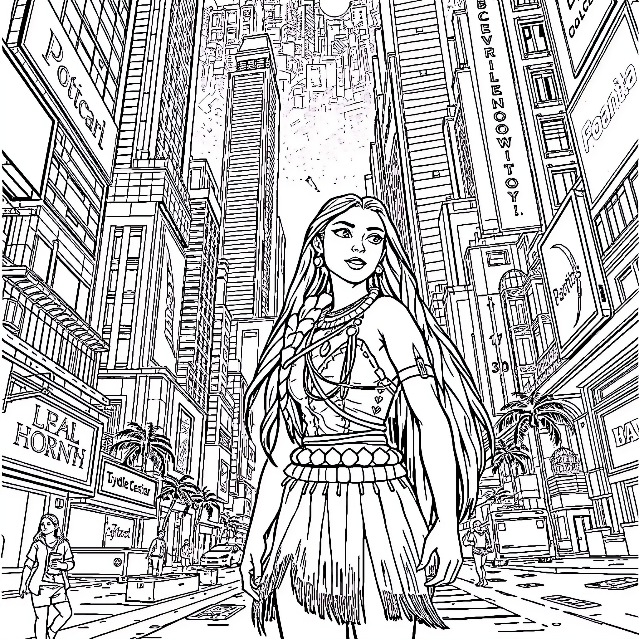 Pocahontas in the bustling city Coloring Page (free black-and-white line drawing printable PDF for all, from beginners to advanced learners, including children, teens, adults, and seniors)