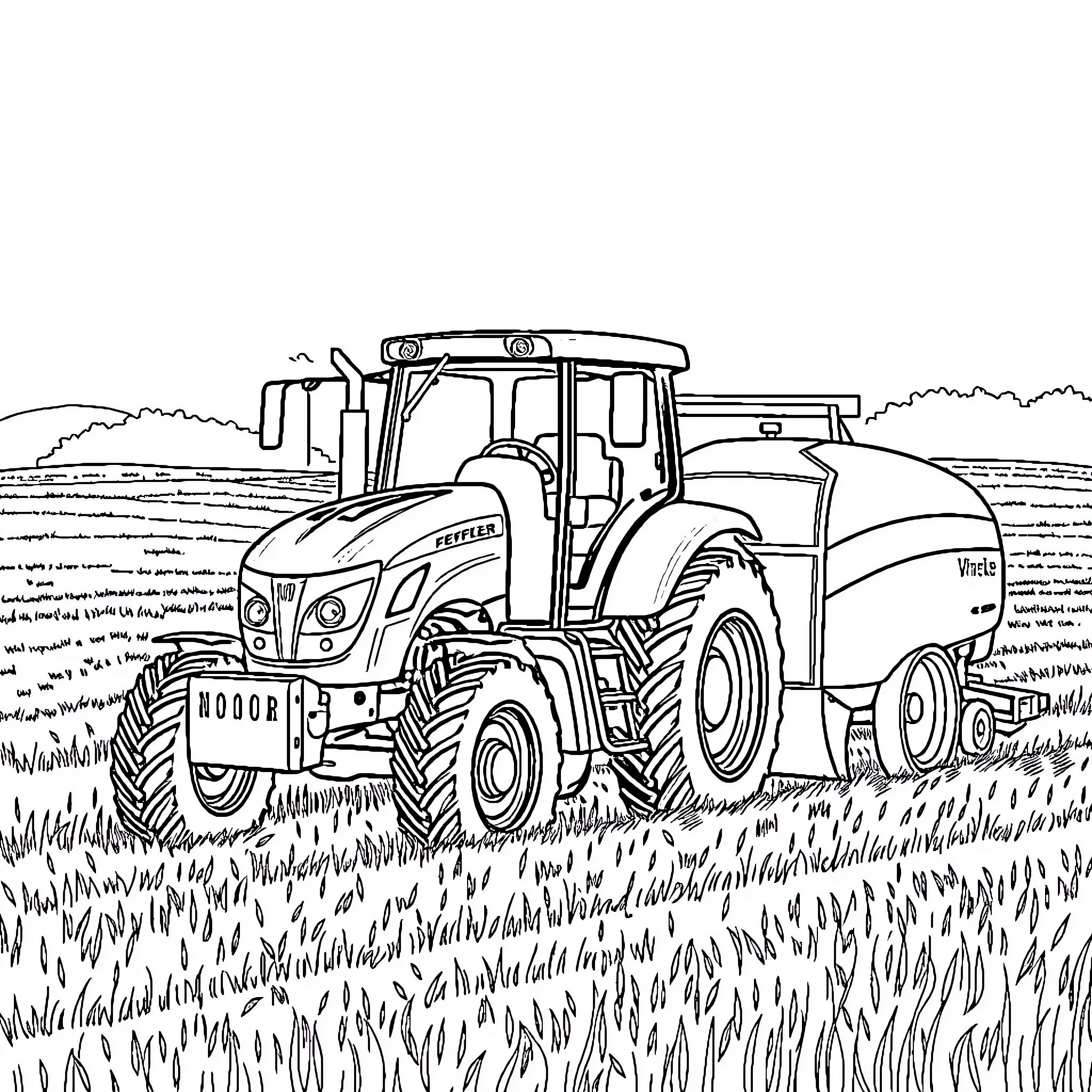 Tractor plowing the field on a sunny day Coloring Page (free black-and-white line drawing printable PDF for all, from beginners to advanced learners, including children, teens, adults, and seniors)