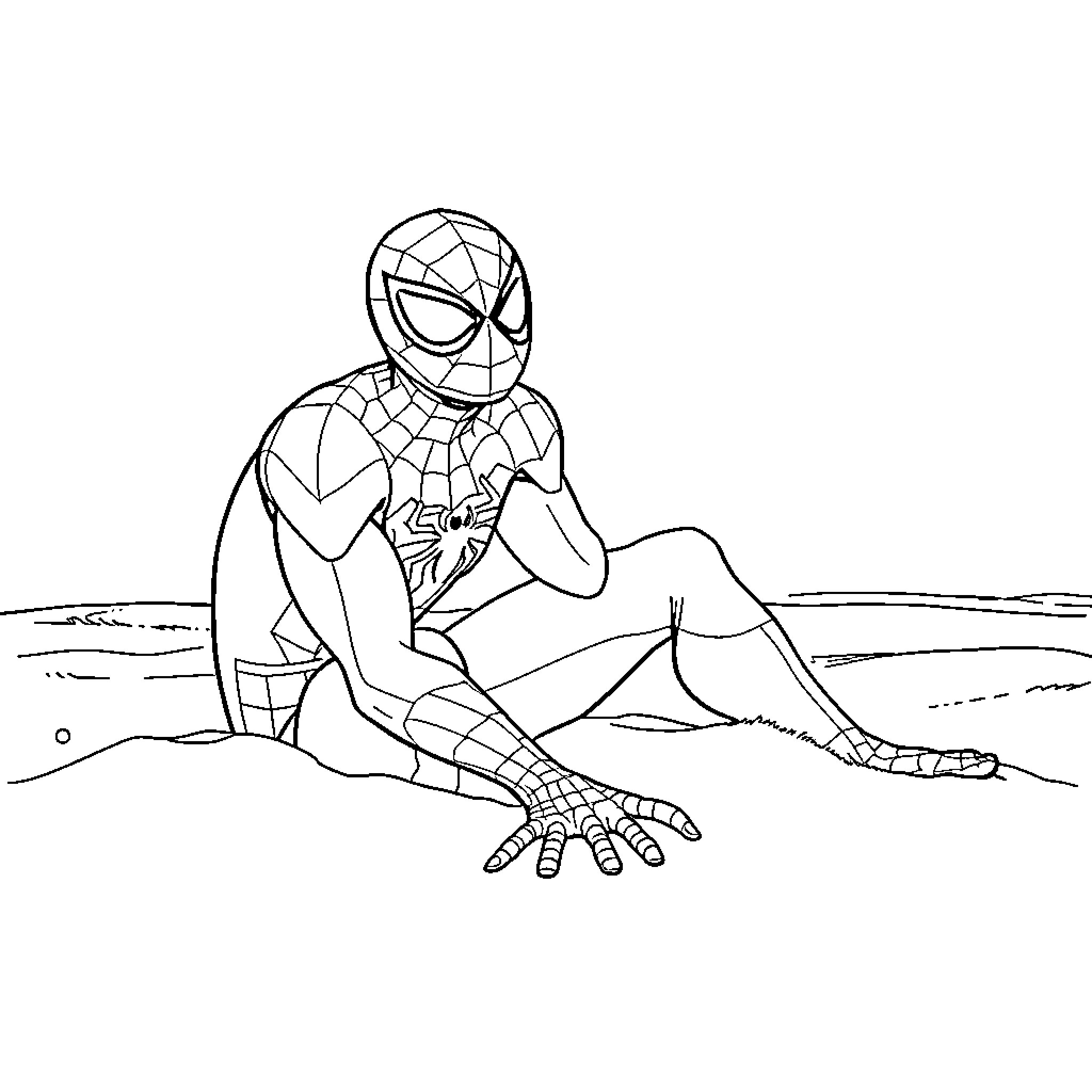 Spider-Man resting on the beach Coloring Page (free black-and-white line drawing printable PDF for all, from beginners to advanced learners, including children, teens, adults, and seniors)