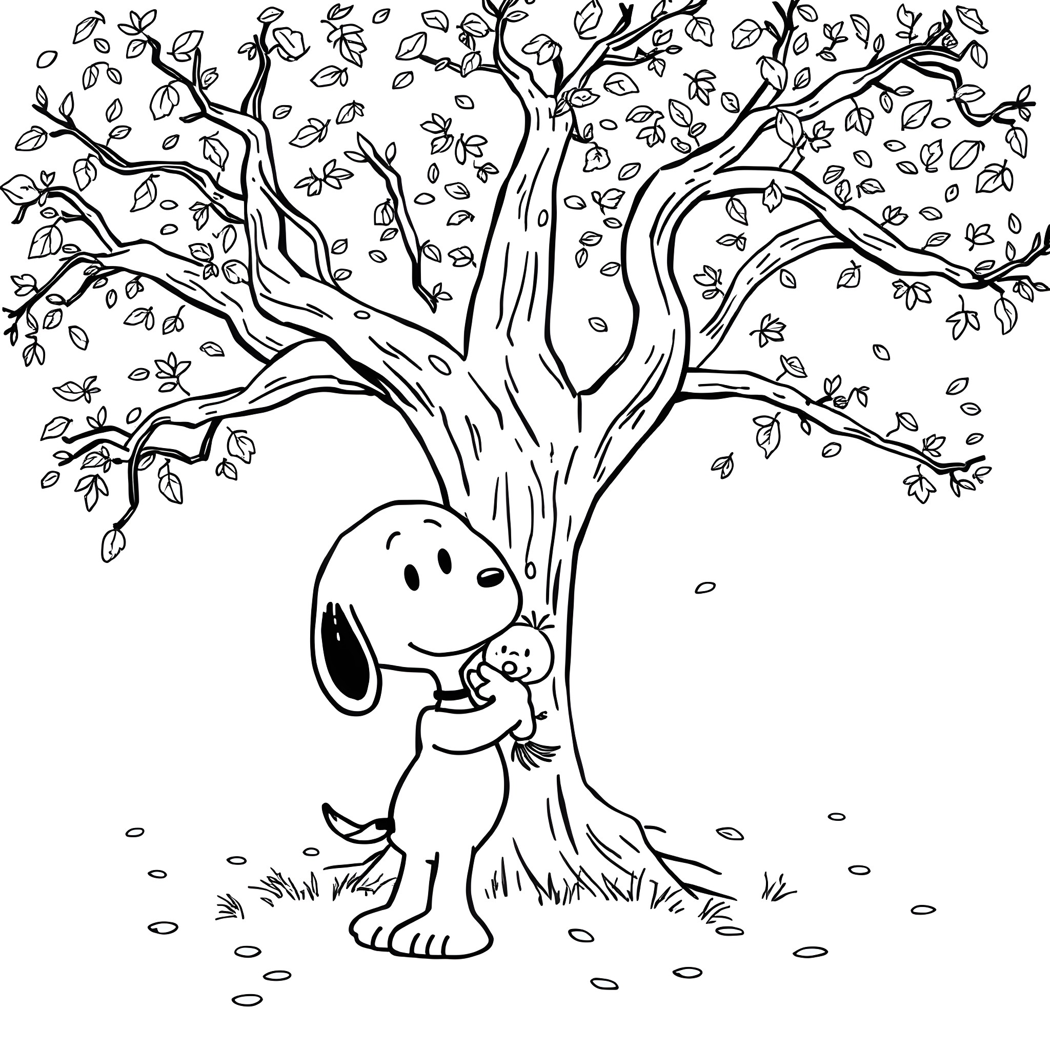 Snoopy enjoying a cozy day under the autumn tree Coloring Page (free black-and-white line drawing printable PDF for all, from beginners to advanced learners, including children, teens, adults, and seniors)