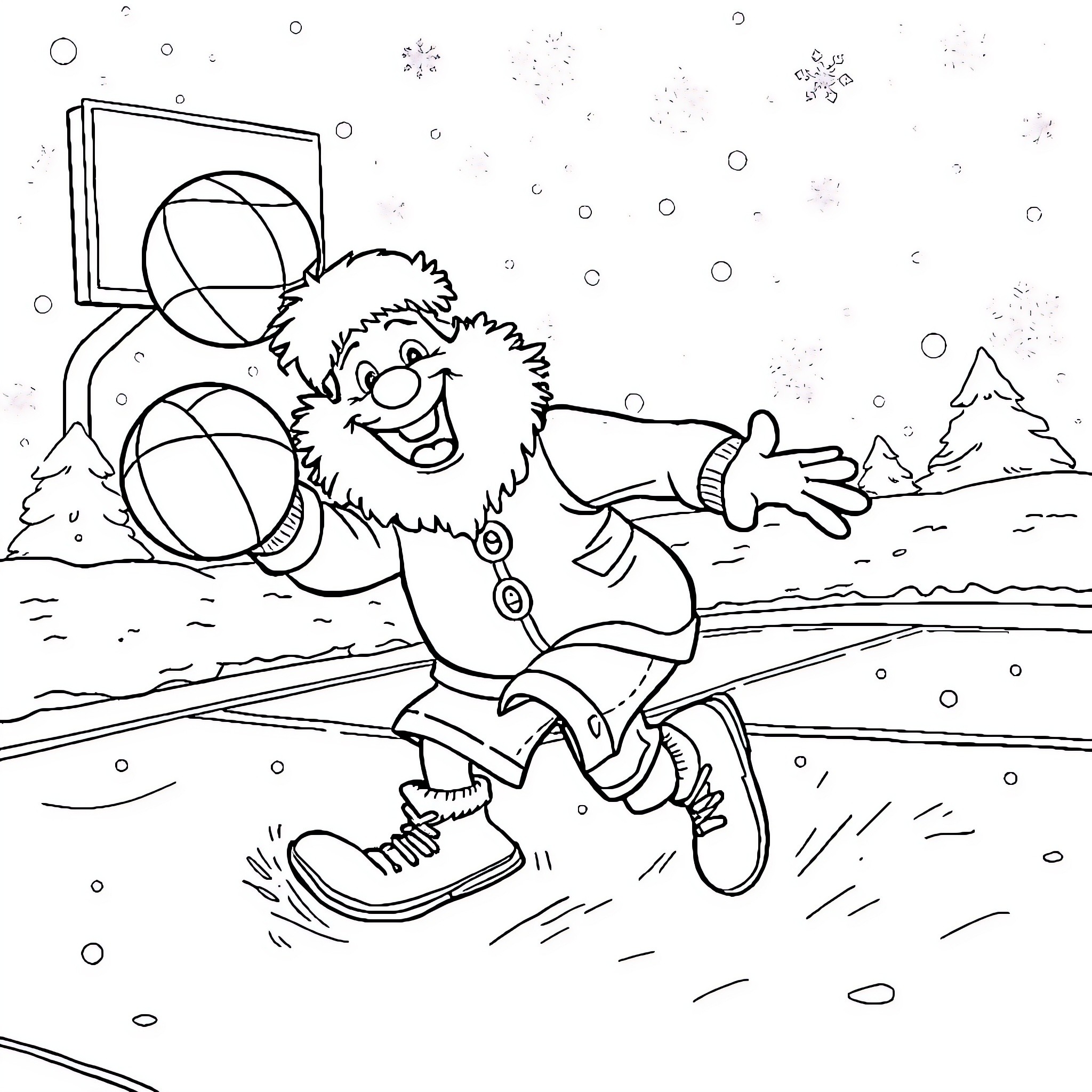 Snow Miser playing basketball in the snowy outdoors Coloring Page (free black-and-white line drawing printable PDF for all, from beginners to advanced learners, including children, teens, adults, and seniors)