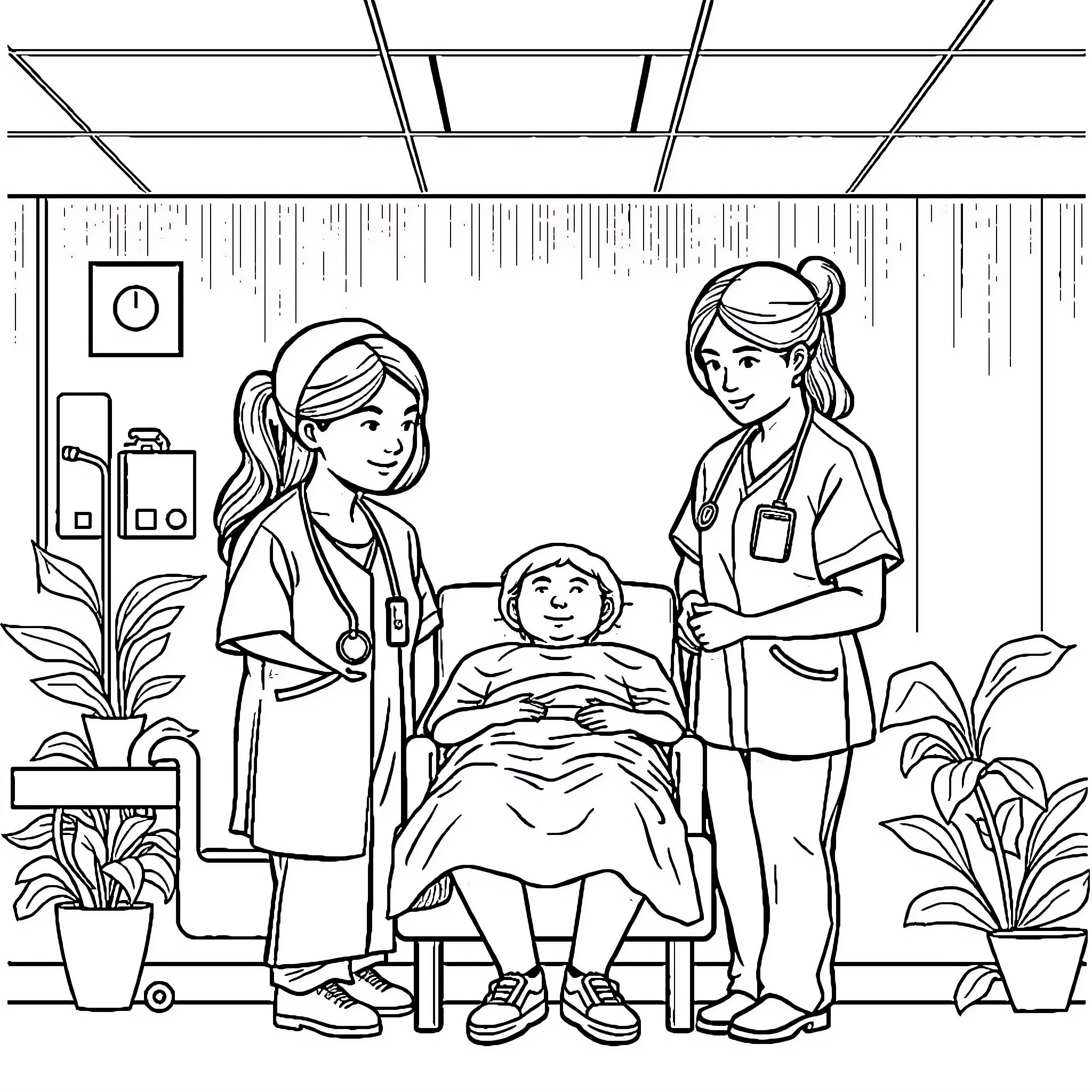 Nurse caring for patient in hospital room Coloring Page (free black-and-white line drawing printable PDF for all, from beginners to advanced learners, including children, teens, adults, and seniors)