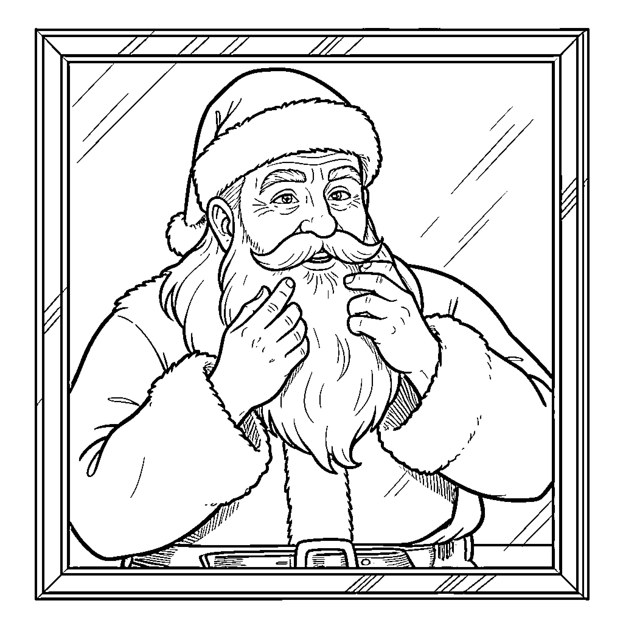 Santa Claus stroking his long white beard Coloring Page (free black-and-white line drawing printable PDF for all, from beginners to advanced learners, including children, teens, adults, and seniors)