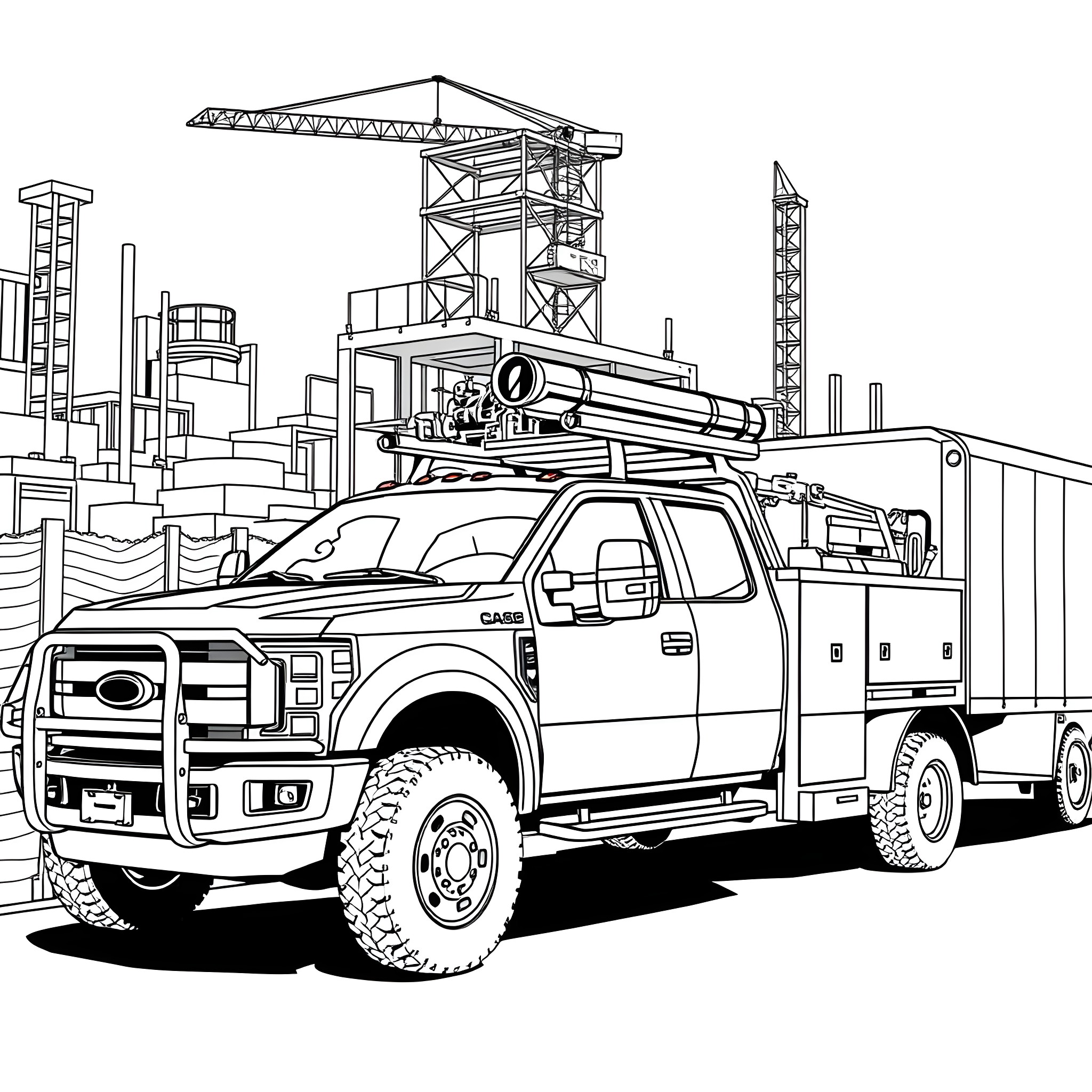 Truck with equipment at construction site Coloring Page (free black-and-white line drawing printable PDF for all, from beginners to advanced learners, including children, teens, adults, and seniors)