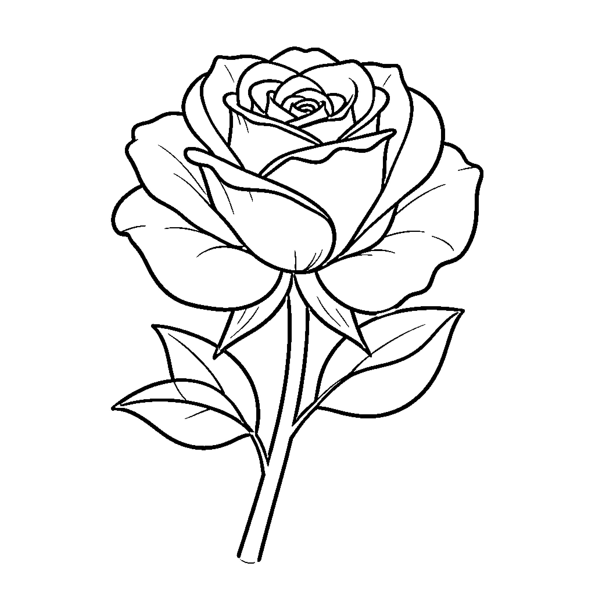 Rose blooming gracefully on a single stem Coloring Page (free black-and-white line drawing printable PDF for all, from beginners to advanced learners, including children, teens, adults, and seniors)