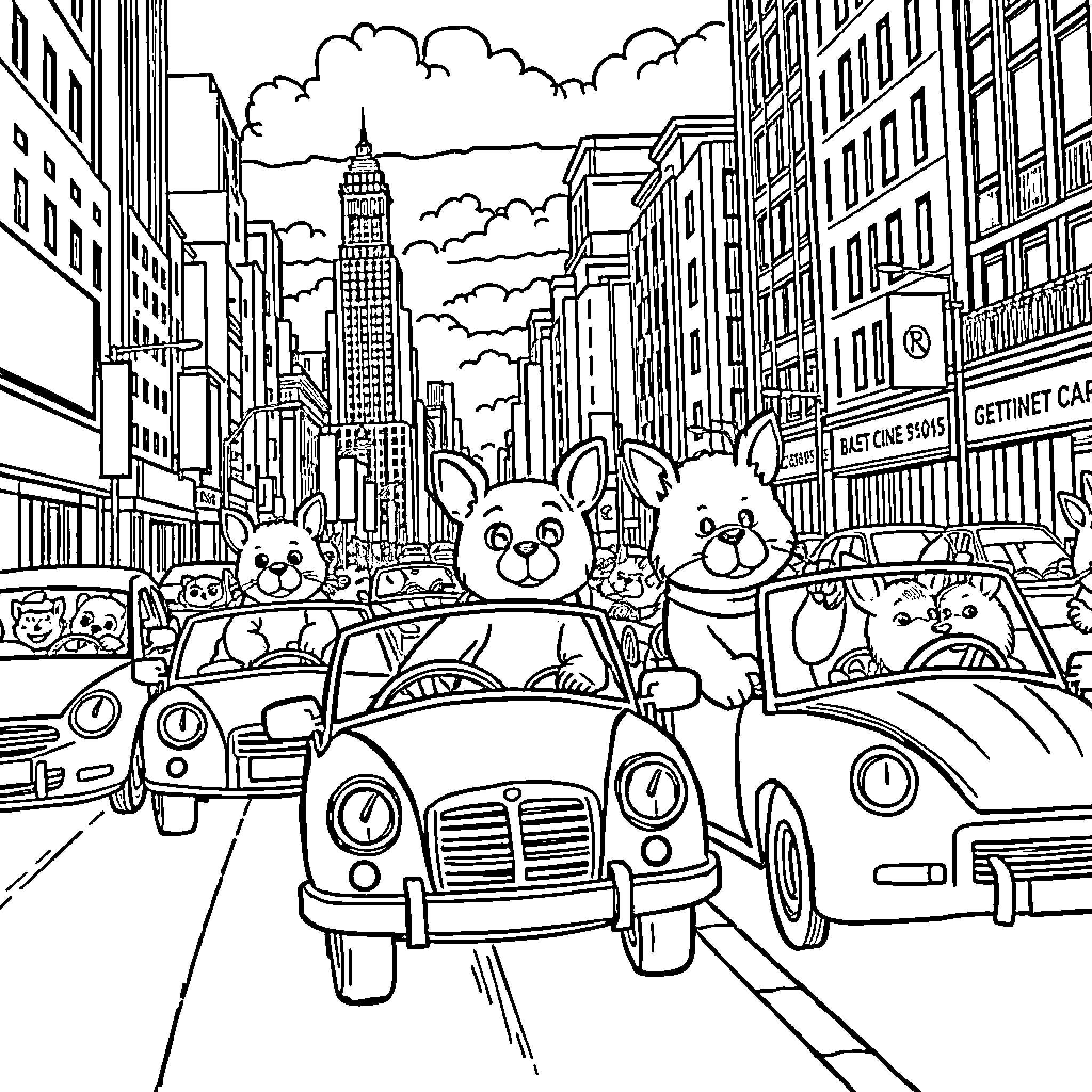 Animal characters exploring the city streets Coloring Page (free black-and-white line drawing printable PDF for all, from beginners to advanced learners, including children, teens, adults, and seniors)