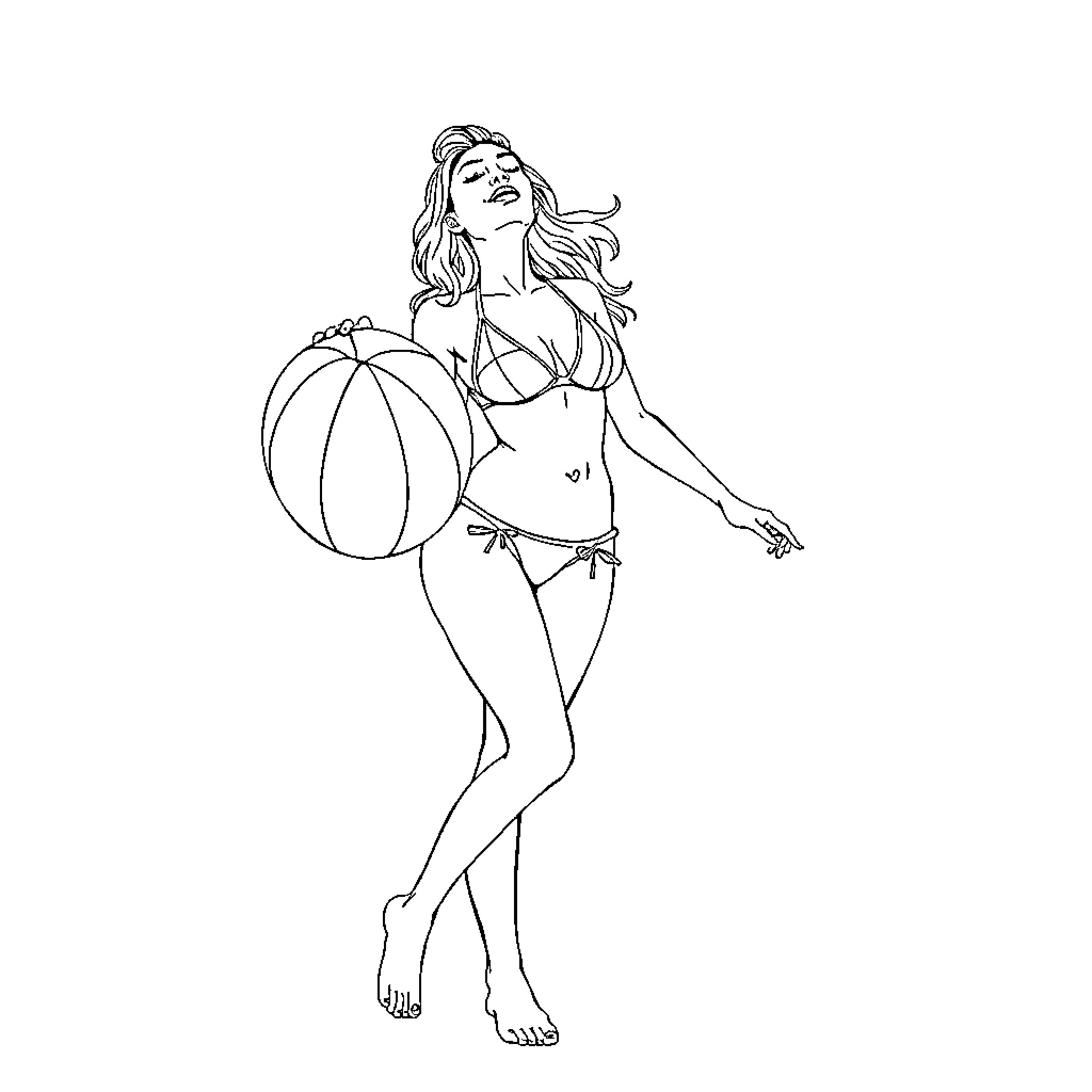 Woman in beachwear enjoying beach ball Coloring Page (free black-and-white line drawing printable PDF for all, from beginners to advanced learners, including children, teens, adults, and seniors)