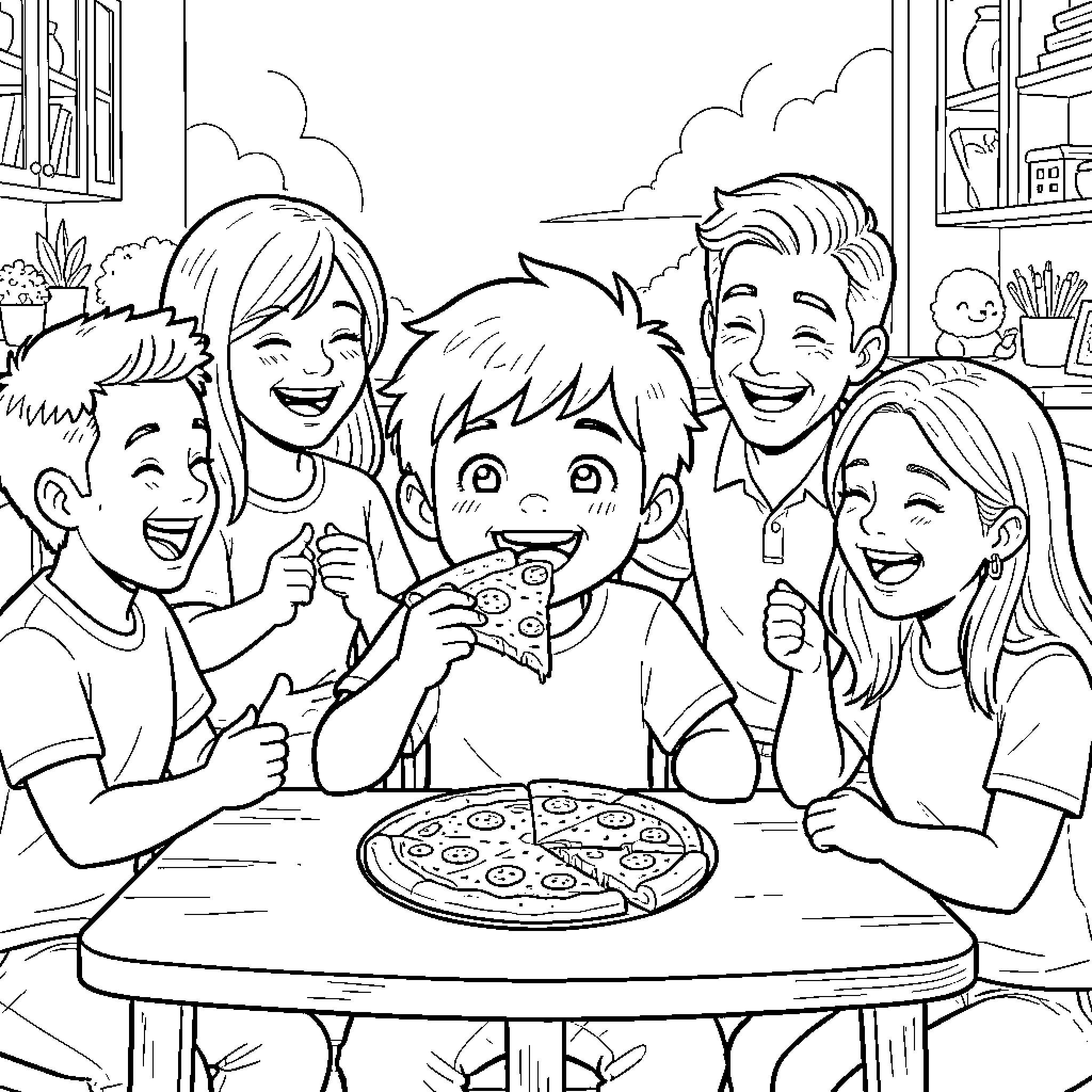 Kid and friends laughing while eating pizza together Coloring Page (free black-and-white line drawing printable PDF for all, from beginners to advanced learners, including children, teens, adults, and seniors)
