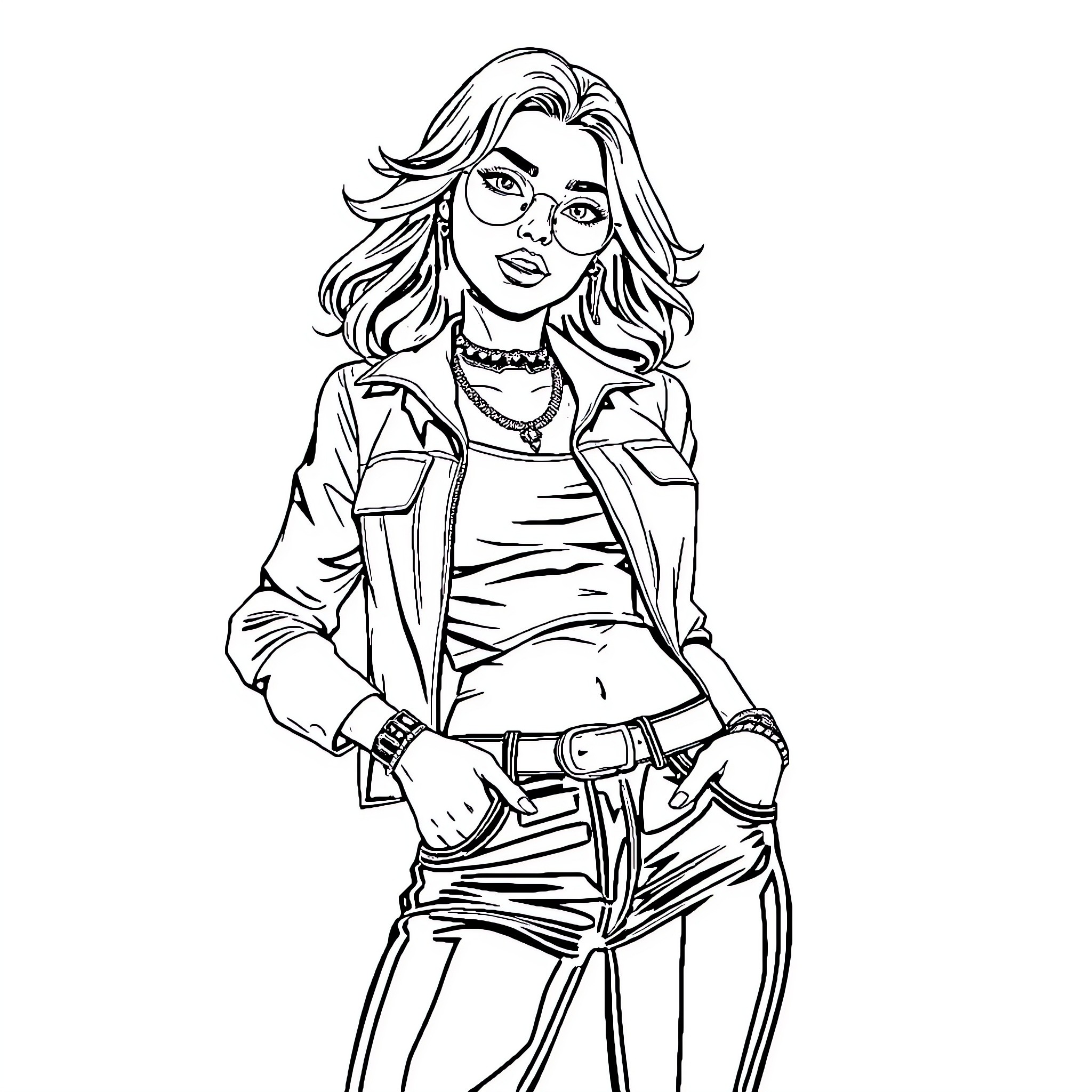 Woman in casual outfit posing confidently Coloring Page (free black-and-white line drawing printable PDF for all, from beginners to advanced learners, including children, teens, adults, and seniors)