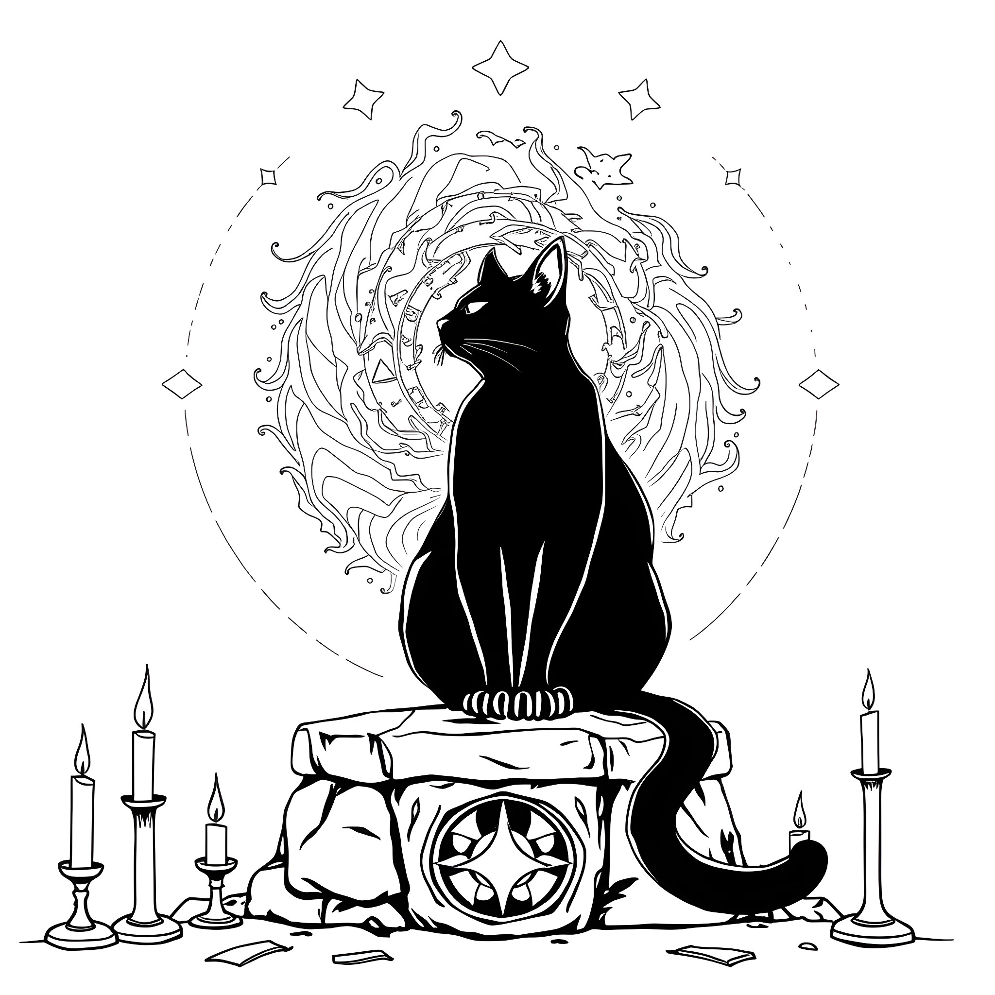 Cat guardian of the mystic tomes Coloring Page (free black-and-white line drawing printable PDF for all, from beginners to advanced learners, including children, teens, adults, and seniors)