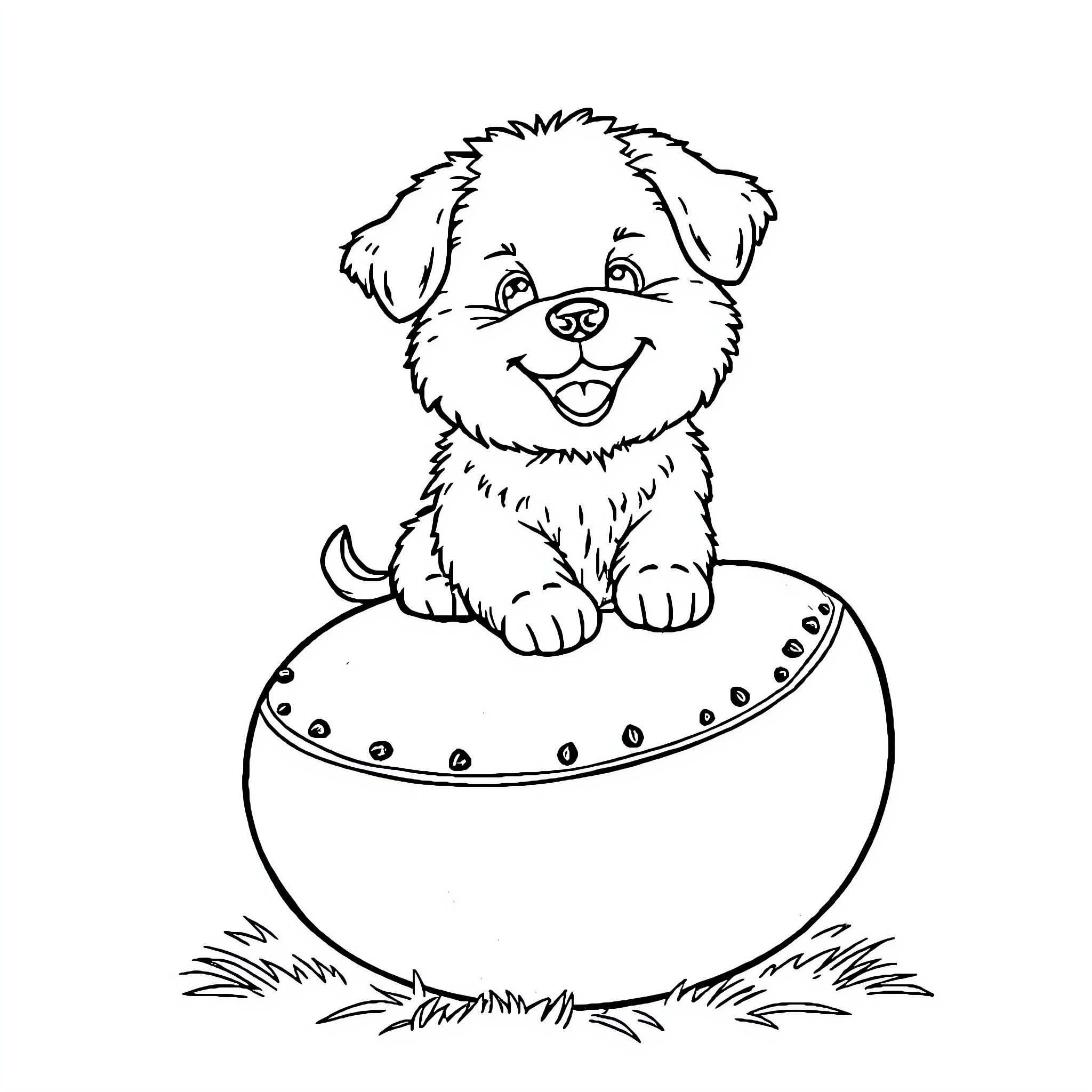 Dog sitting happily in a bowl Coloring Page (free black-and-white line drawing printable PDF for all, from beginners to advanced learners, including children, teens, adults, and seniors)