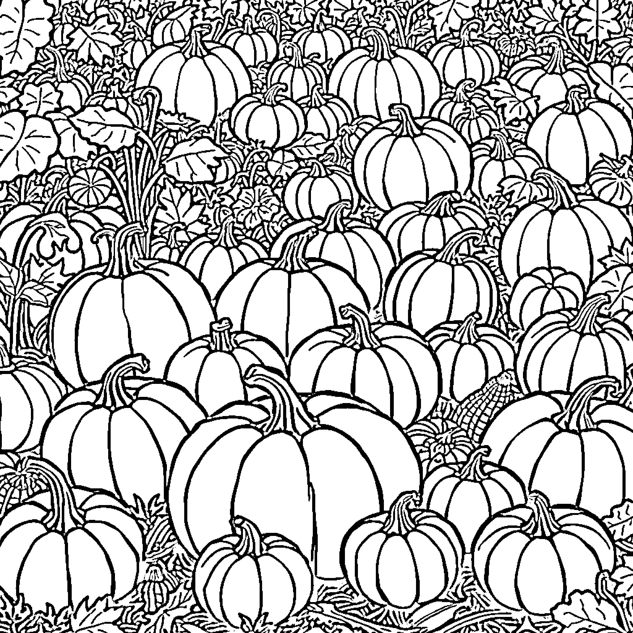 Pumpkin Patch Filled with Vibrant Shapes Coloring Page (free black-and-white line drawing printable PDF for all, from beginners to advanced learners, including children, teens, adults, and seniors)