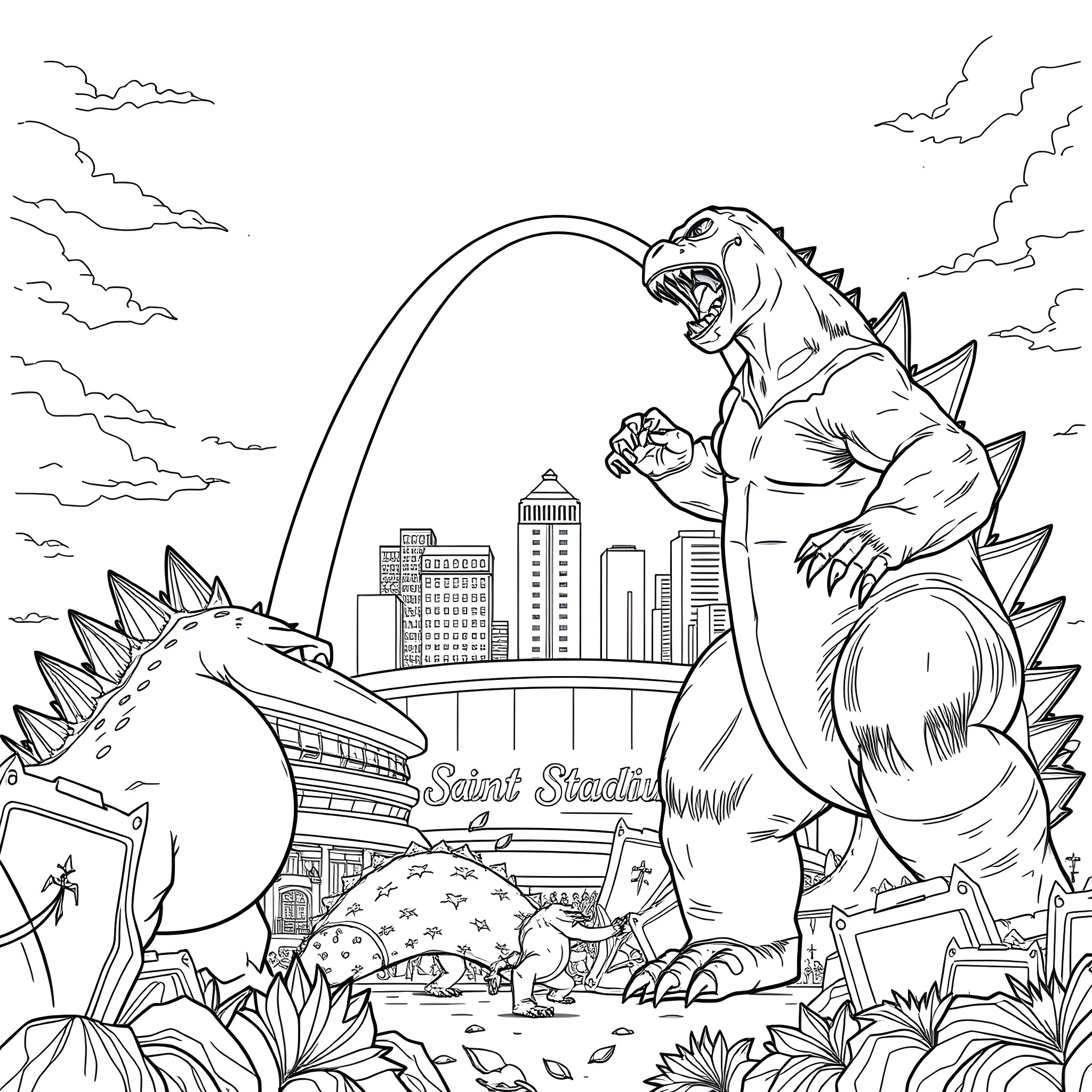 King Kong Rampaging Through the City Skyline Coloring Page (free black-and-white line drawing printable PDF for all, from beginners to advanced learners, including children, teens, adults, and seniors)
