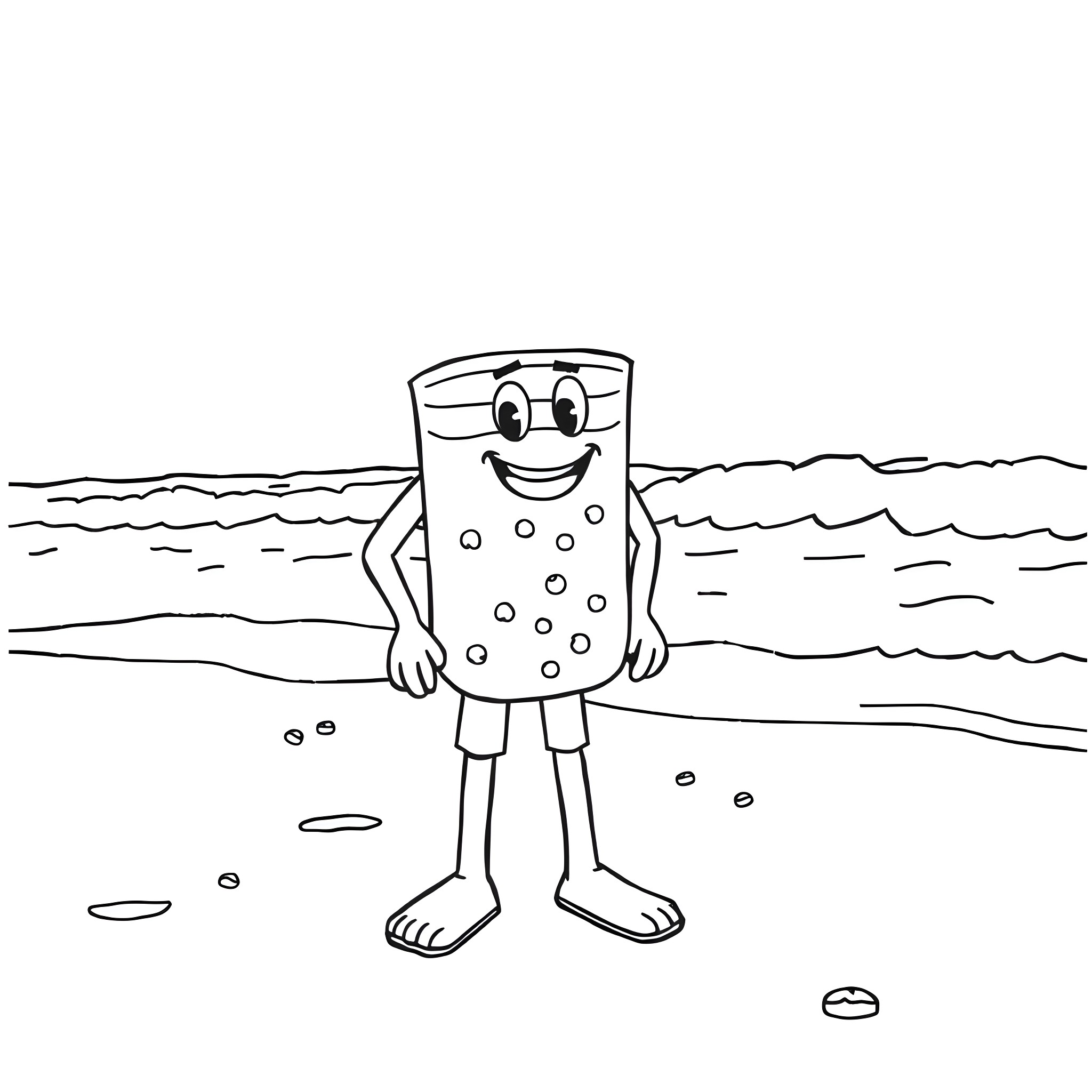 Koolaid Man at the Beach Coloring Page (free black-and-white line drawing printable PDF for all, from beginners to advanced learners, including children, teens, adults, and seniors)