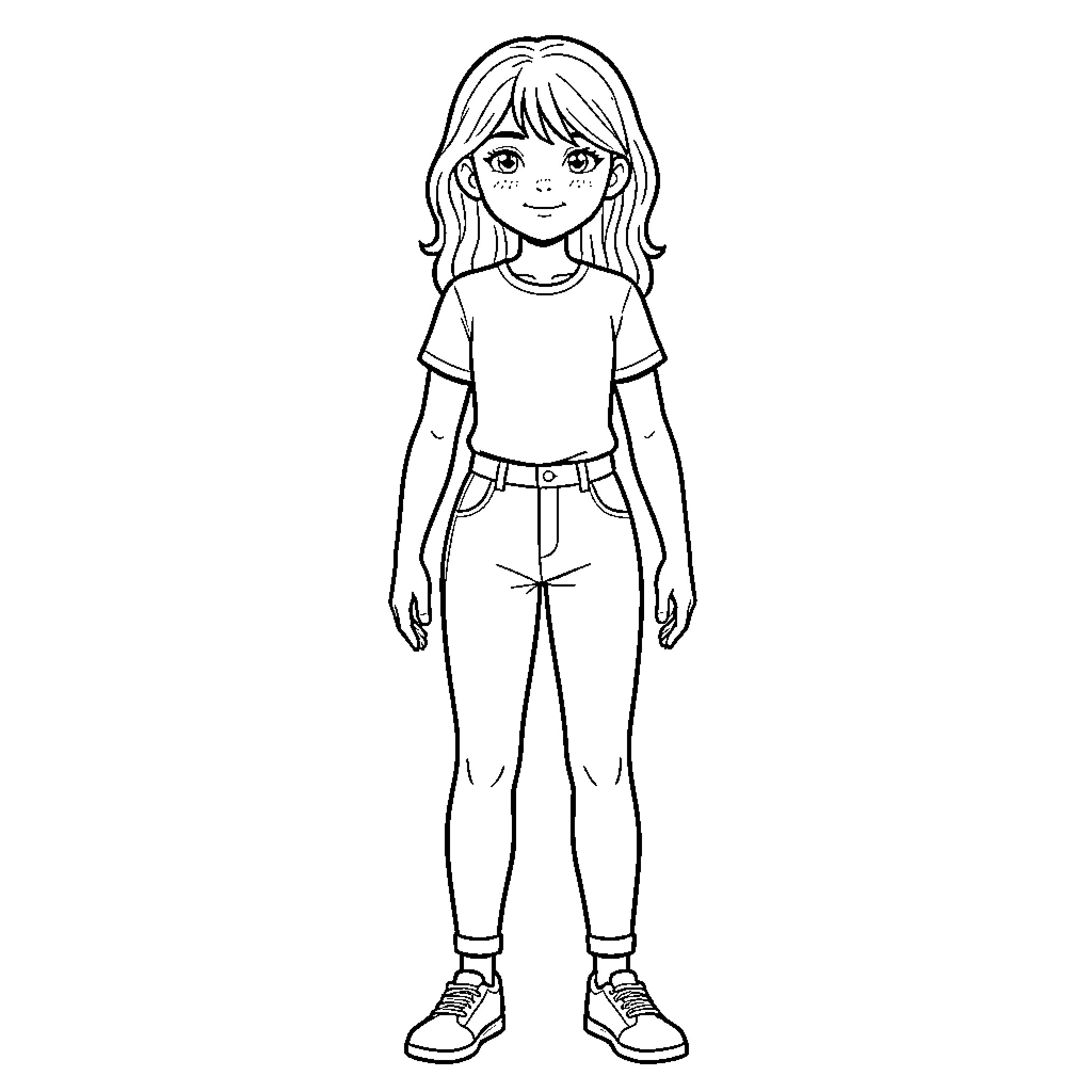 Girl standing with a friendly expression Coloring Page (free black-and-white line drawing printable PDF for all, from beginners to advanced learners, including children, teens, adults, and seniors)
