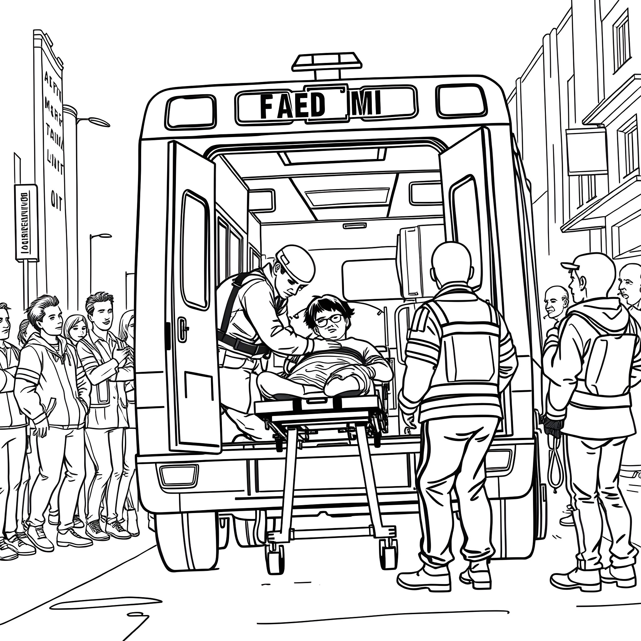 Ambulance transporting patient in crowded urban scene Coloring Page (free black-and-white line drawing printable PDF for all, from beginners to advanced learners, including children, teens, adults, and seniors)