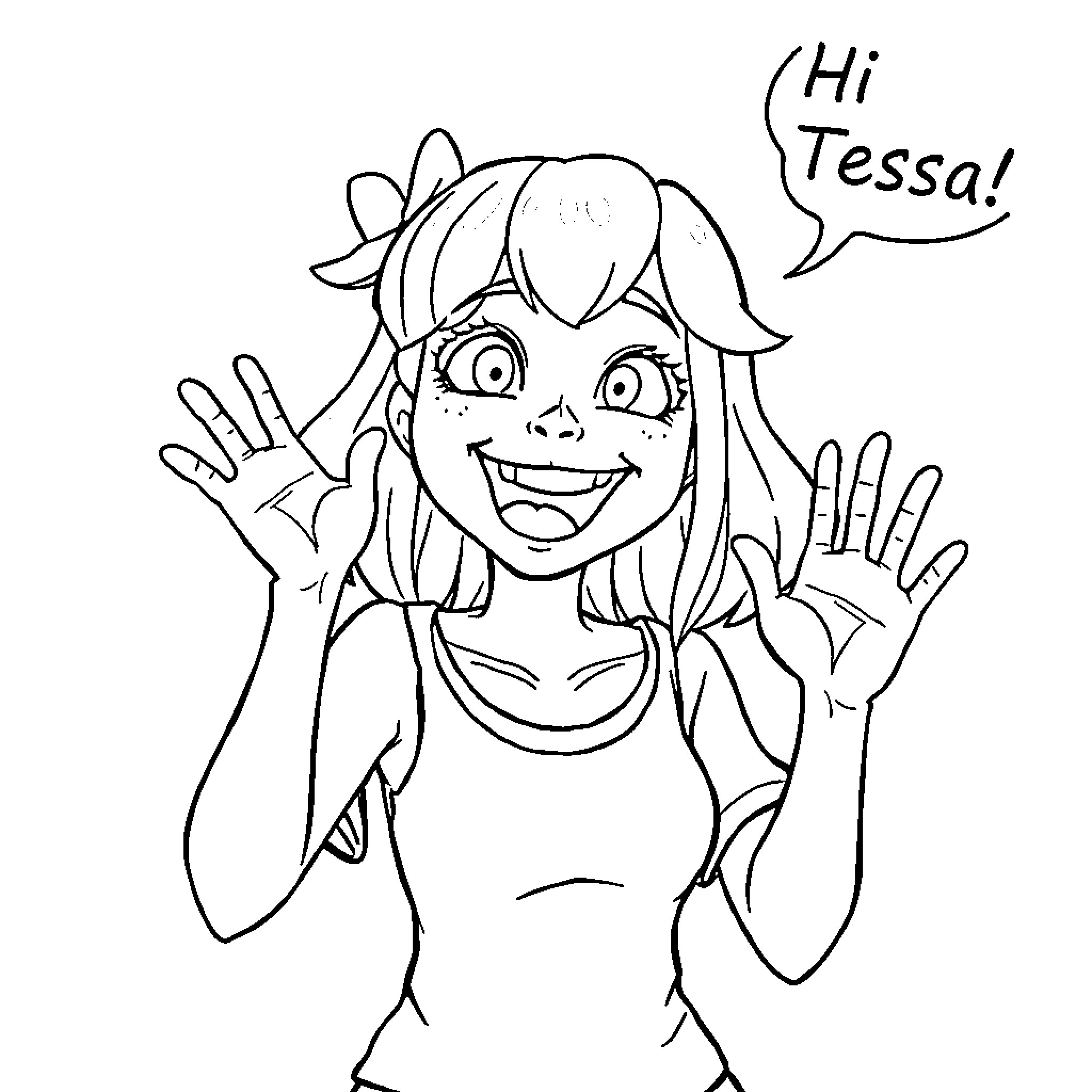 Addison greeting happily and waving hands Coloring Page (free black-and-white line drawing printable PDF for all, from beginners to advanced learners, including children, teens, adults, and seniors)