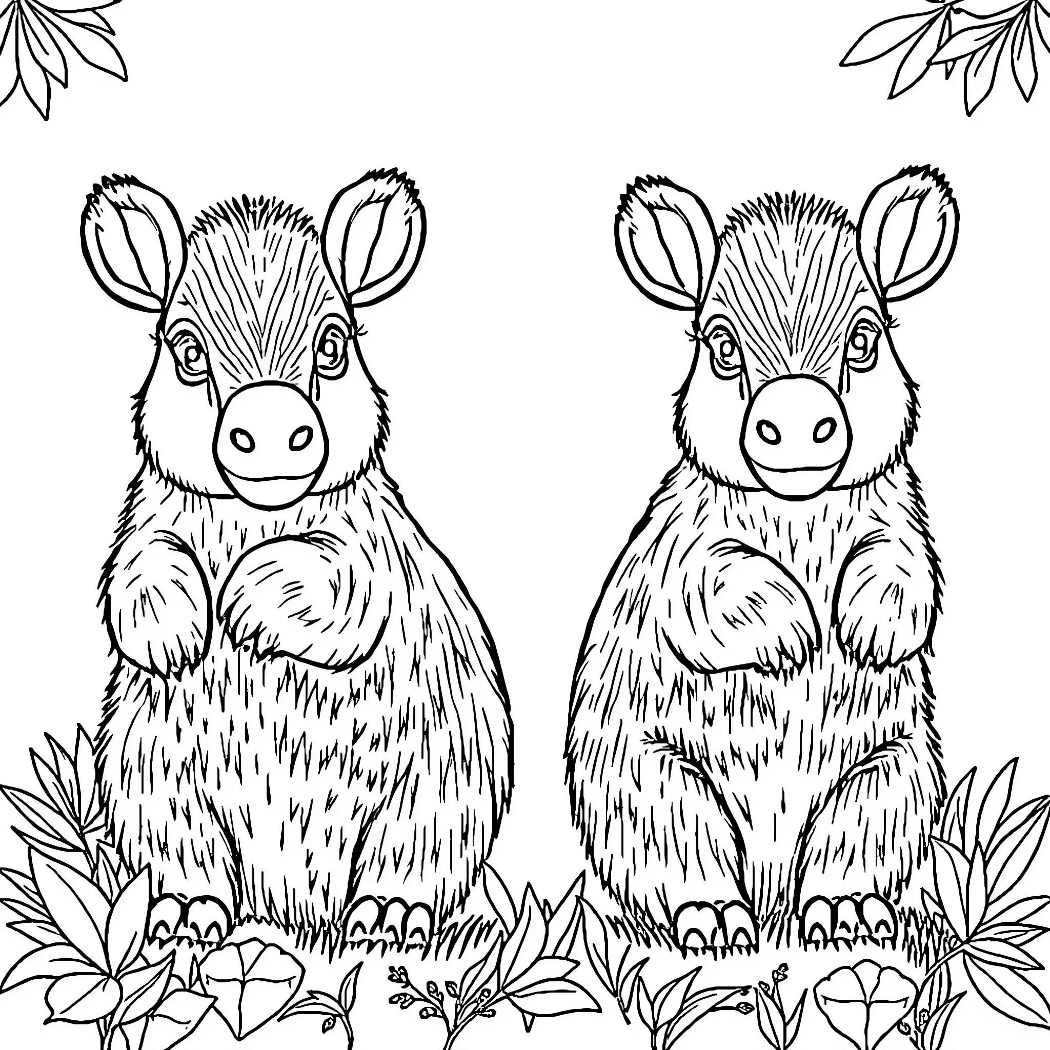 Capybara friends in the wilderness Coloring Page (free black-and-white line drawing printable PDF for all, from beginners to advanced learners, including children, teens, adults, and seniors)
