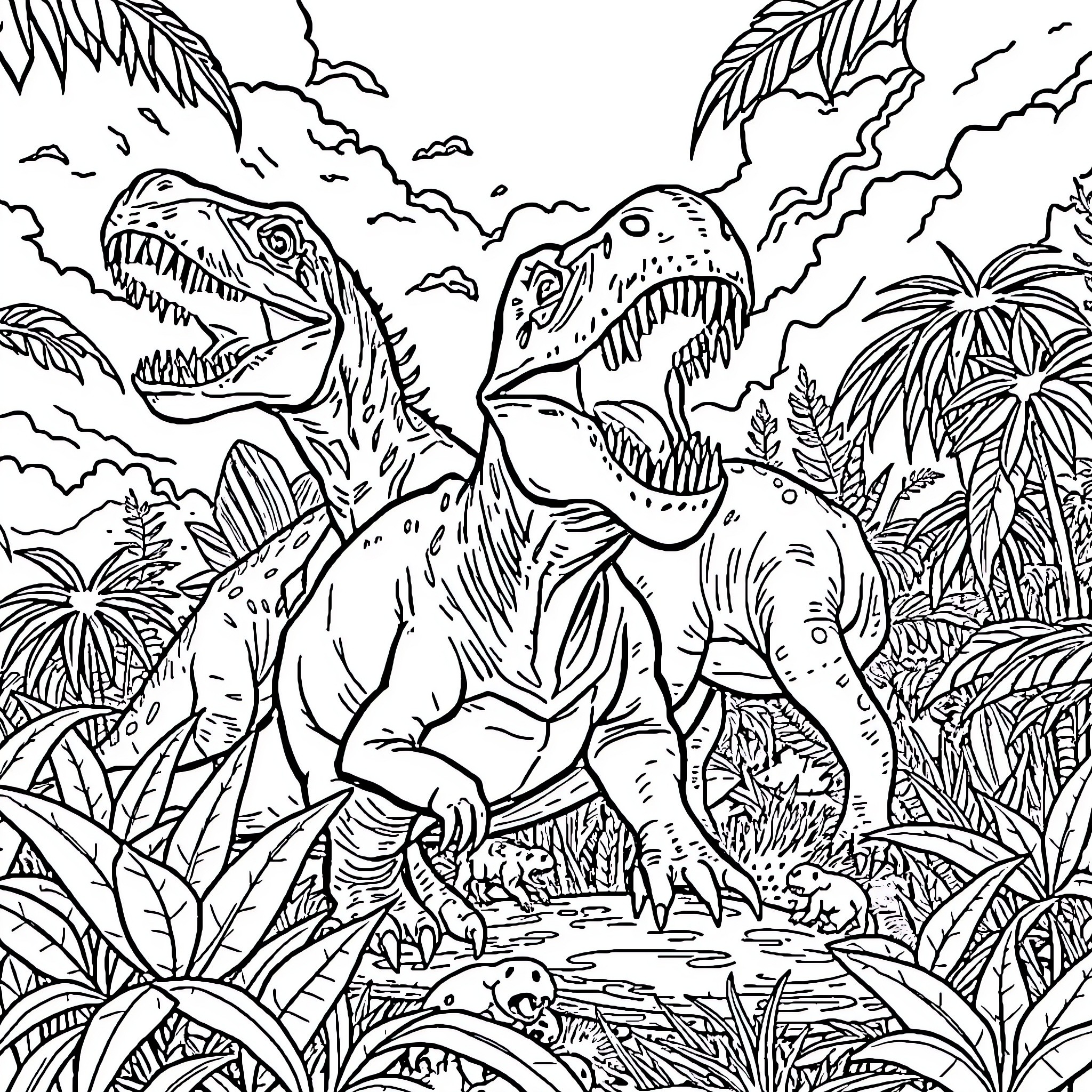 Dinosaurs Roaring in Prehistoric Jungle Coloring Page (free black-and-white line drawing printable PDF for all, from beginners to advanced learners, including children, teens, adults, and seniors)