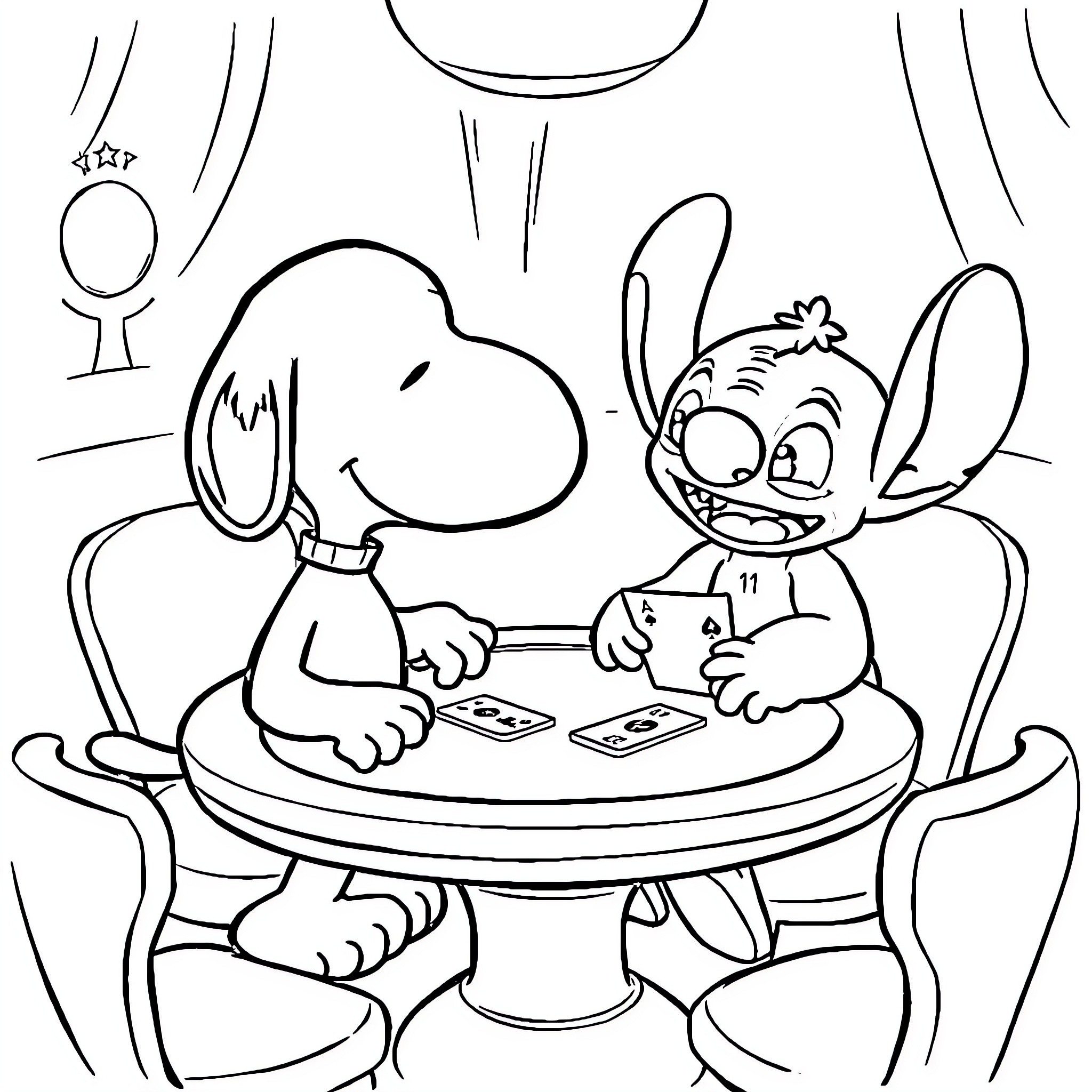 Snoopy and Stitch playing cards together Coloring Page (free black-and-white line drawing printable PDF for all, from beginners to advanced learners, including children, teens, adults, and seniors)