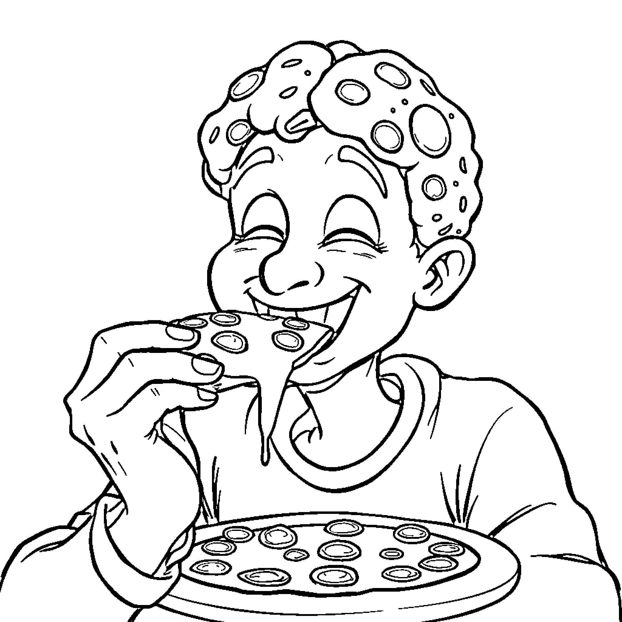 Brainrot: Mushroom-Headed Character Feasting on Pizza Coloring Page (free black-and-white line drawing printable PDF for all, from beginners to advanced learners, including children, teens, adults, and seniors)