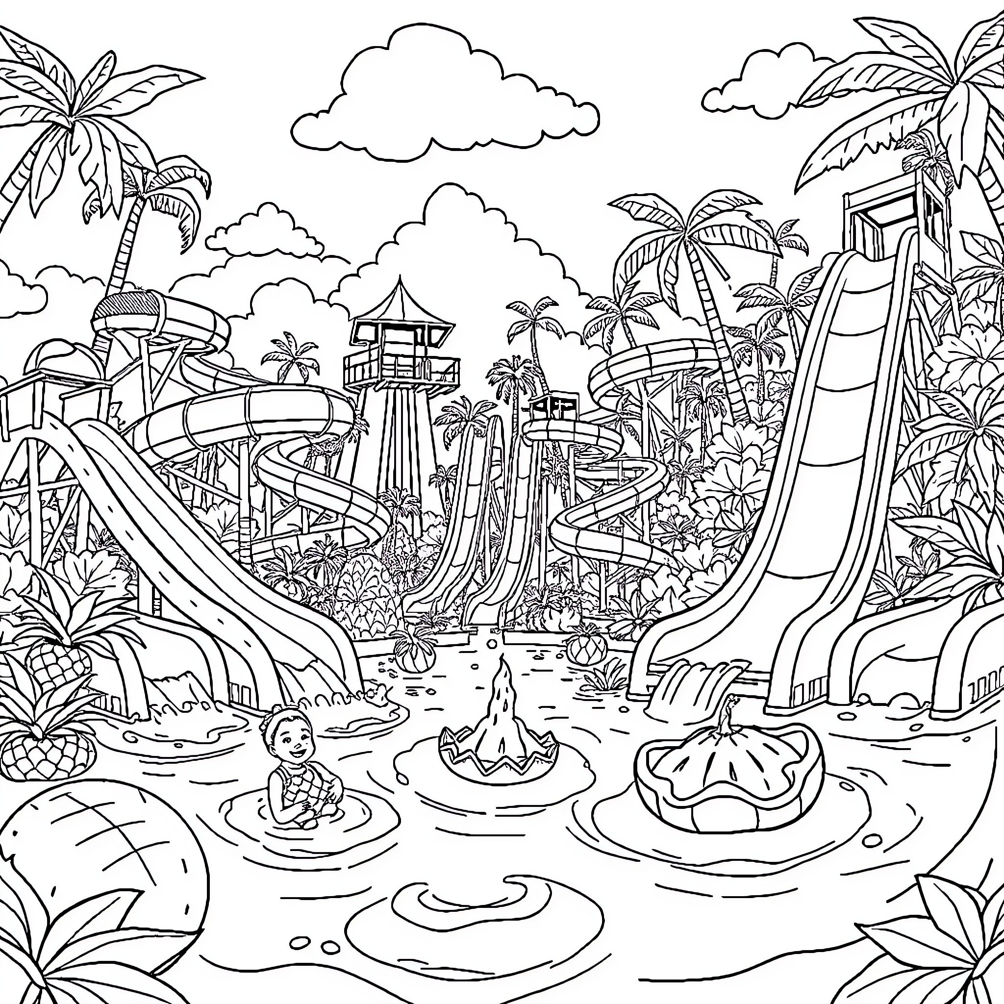 Waterpark with lively attractions and tropical surroundings Coloring Page (free black-and-white line drawing printable PDF for all, from beginners to advanced learners, including children, teens, adults, and seniors)