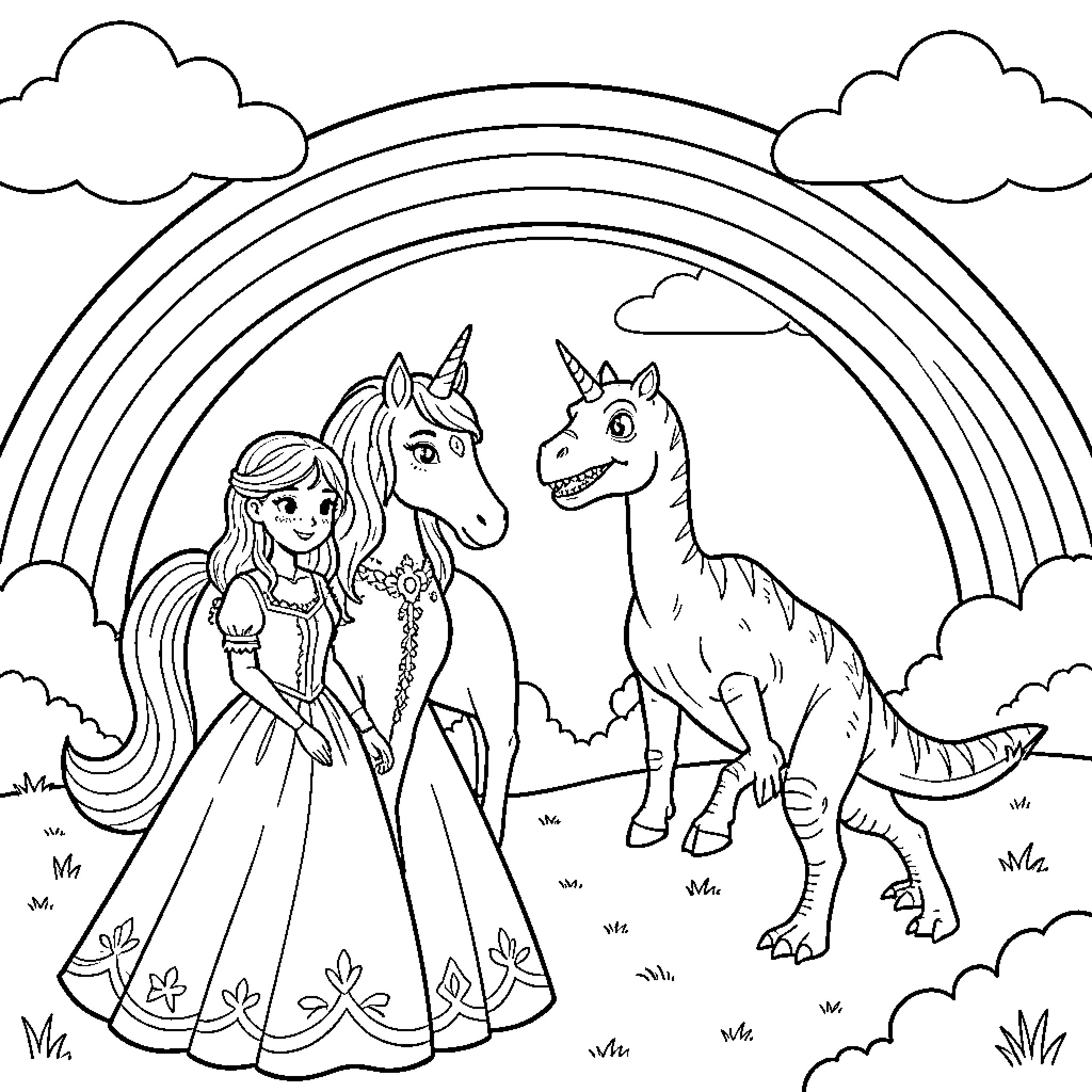 Princess standing with a unicorn and a dinosaur Coloring Page (free black-and-white line drawing printable PDF for all, from beginners to advanced learners, including children, teens, adults, and seniors)