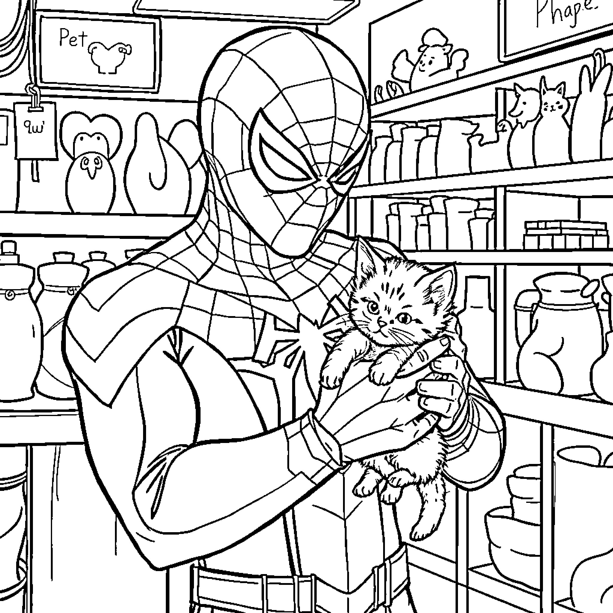 Spiderman rescues a kitten in a pet shop Coloring Page (free black-and-white line drawing printable PDF for all, from beginners to advanced learners, including children, teens, adults, and seniors)