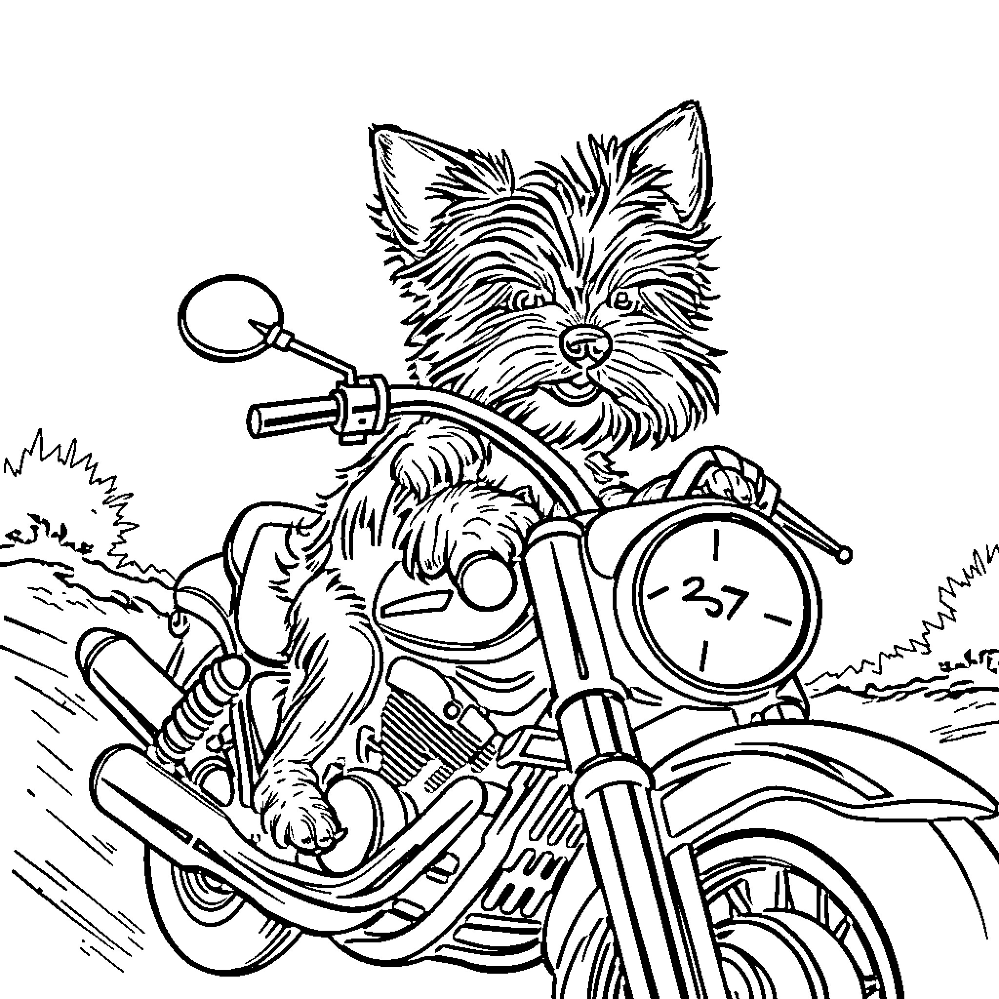 Yorkie riding motorcycle on the road Coloring Page (free black-and-white line drawing printable PDF for all, from beginners to advanced learners, including children, teens, adults, and seniors)