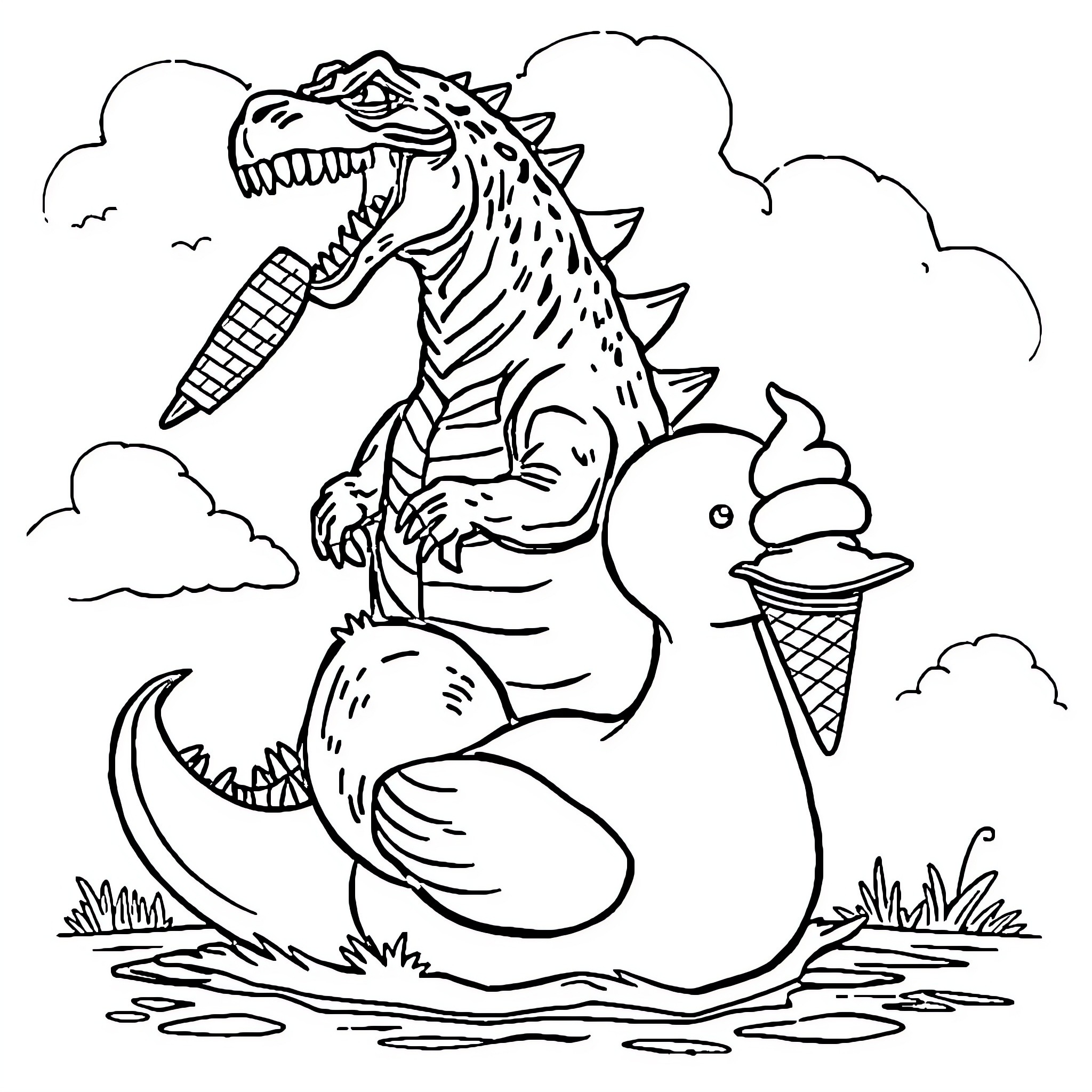 Godzilla terrorizes a cute duck with an ice cream cone Coloring Page (free black-and-white line drawing printable PDF for all, from beginners to advanced learners, including children, teens, adults, and seniors)